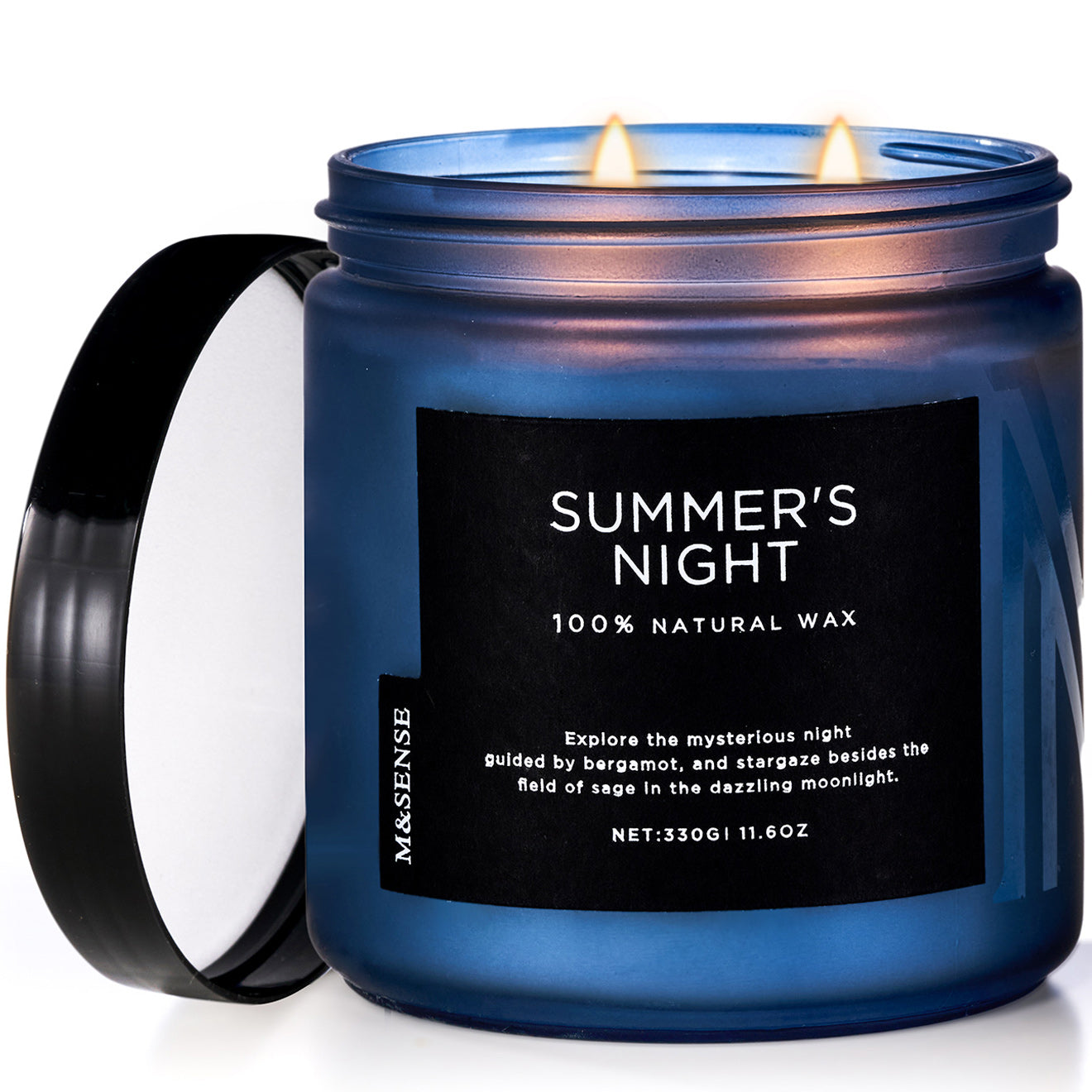 Summer's Night scented candle in a blue glass jar, labeled 100% natural wax on a white background.