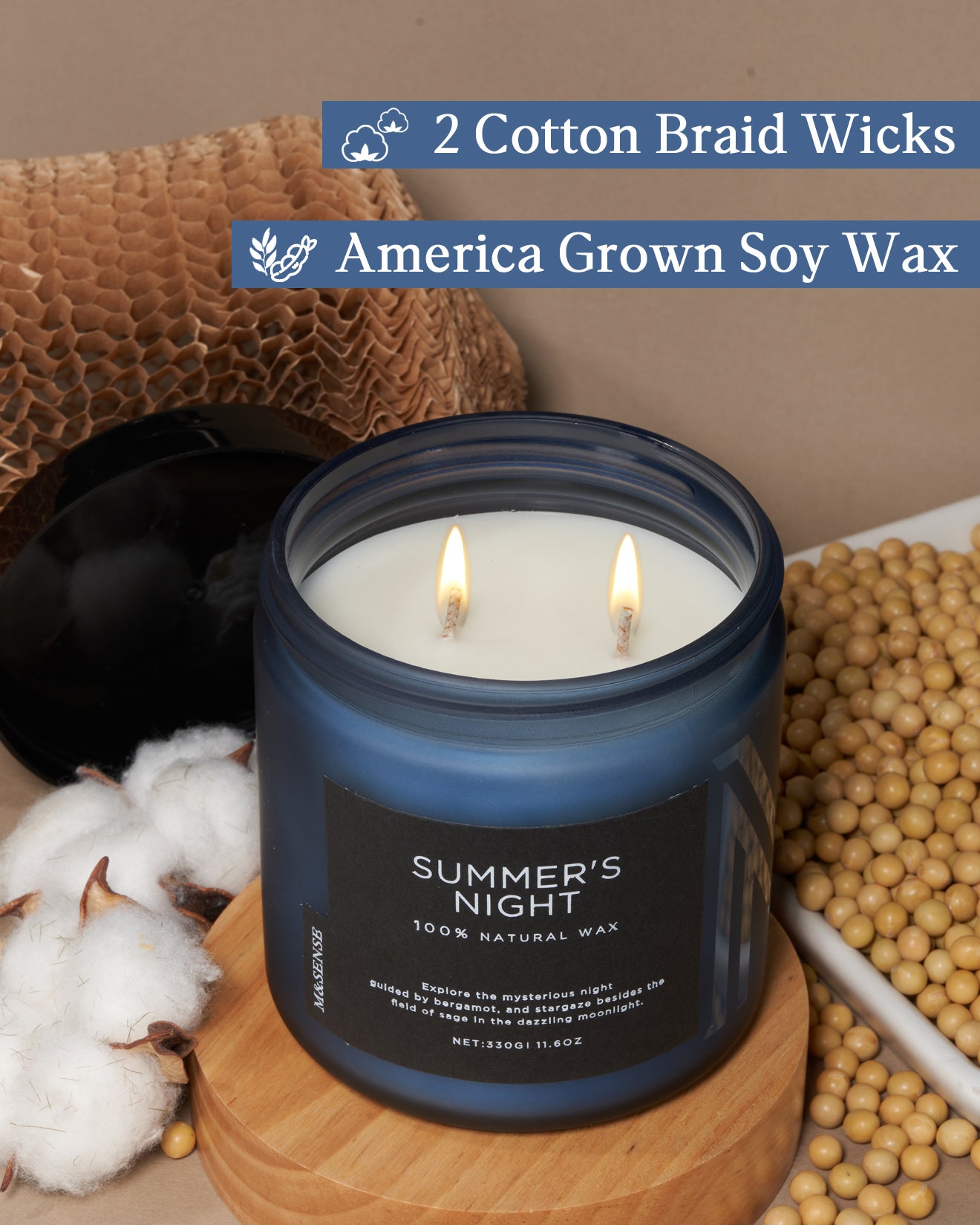 Summer's Night candle with soy wax and cotton wick, shown with cotton, soybeans, and recyclable packaging.