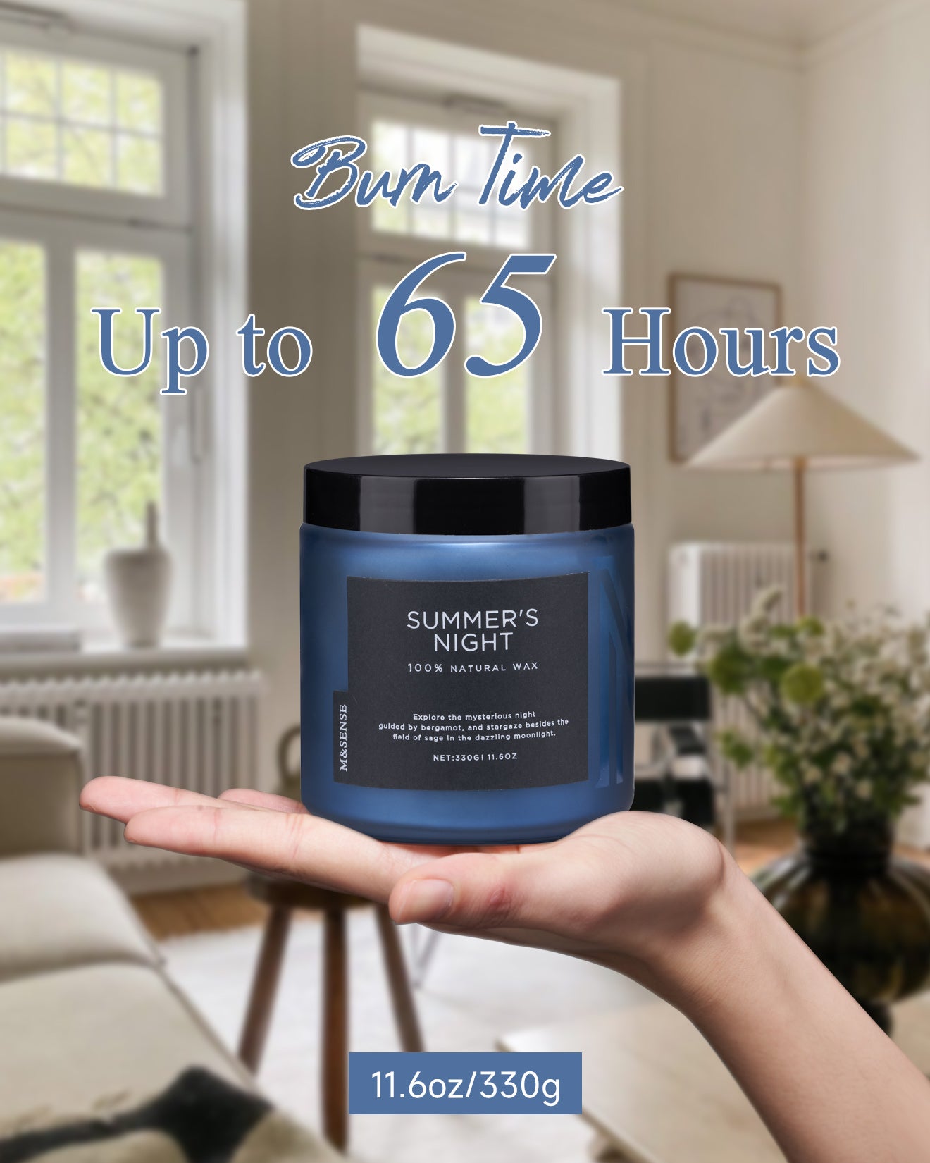 summer's night scented candle held in a palm, showcasing its 65-hour maximum burn time.