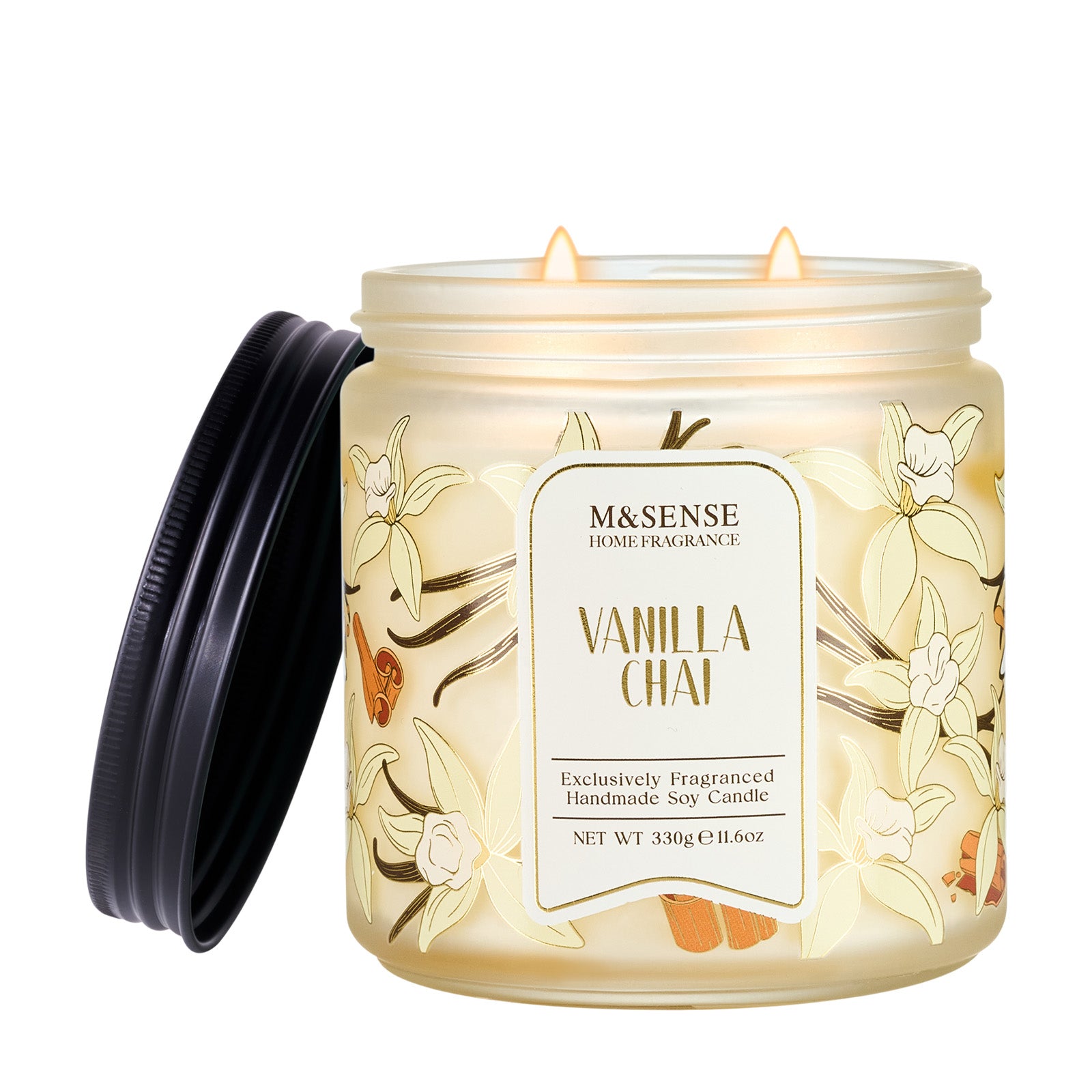 M&Sense Vanilla Chai candle with decorative label on a white background