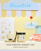 BlissBite product with a dessert-themed background and 'Open' sign
