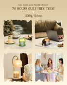 Collage of a cozy living room with a laptop, candles, and people enjoying a dessert.