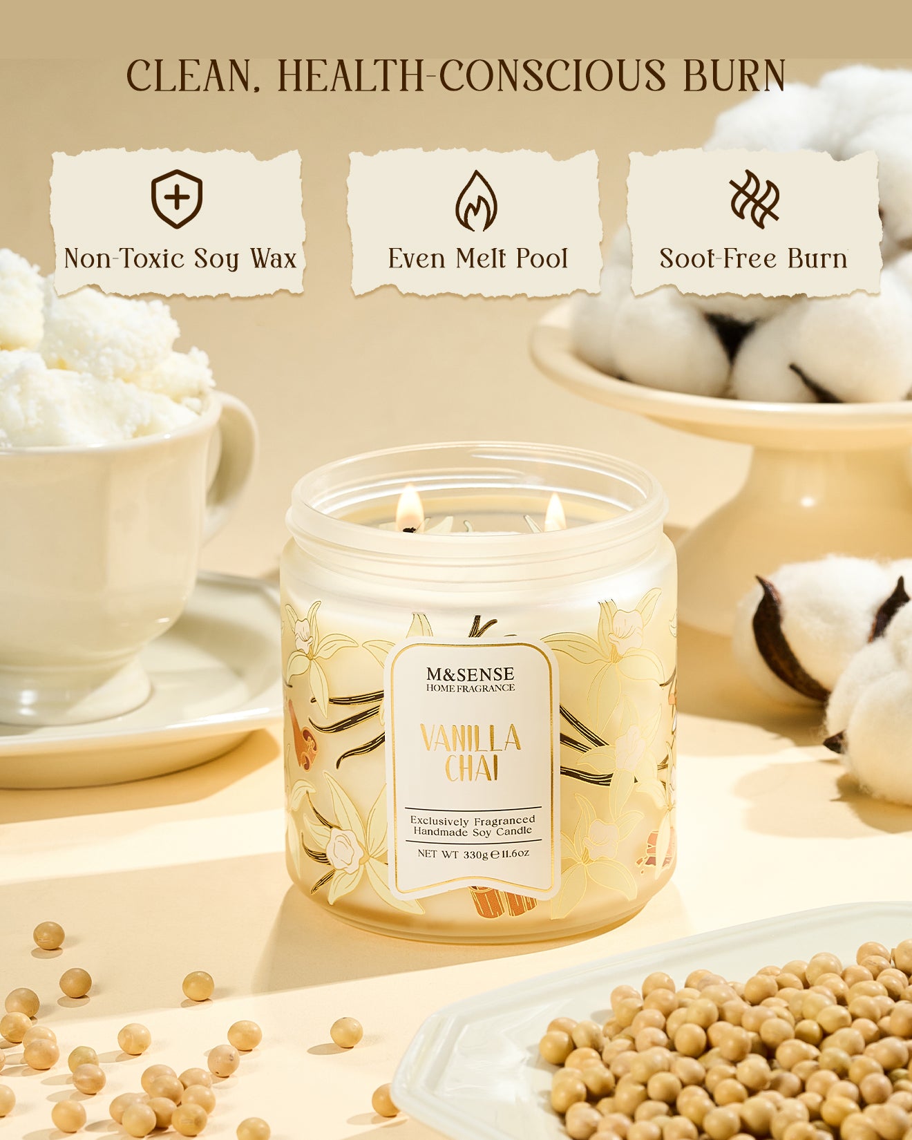 Candle with 'M&SENSE' branding on a surface with ingredients and text about burn characteristics.