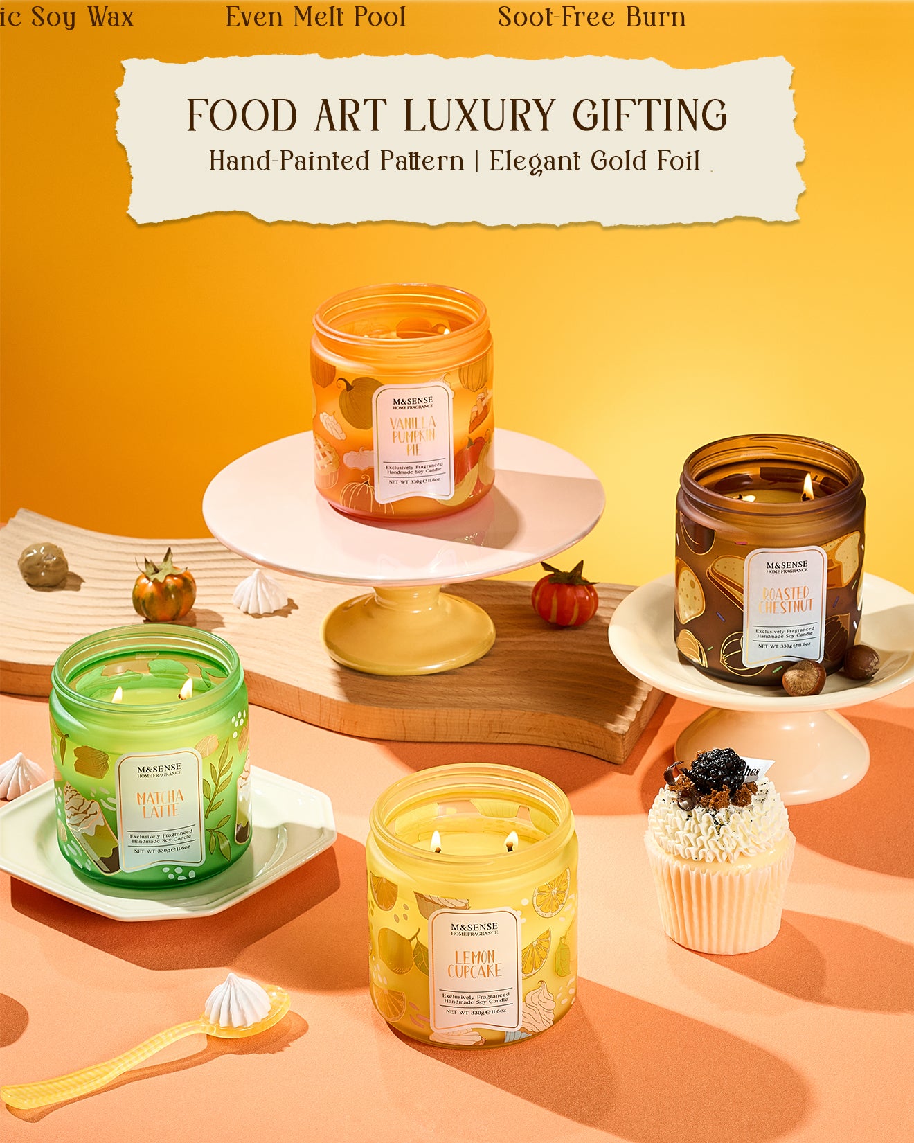 Four lit candles on a decorative table with a yellow background, featuring 'Food Art Luxury Gifting' text.