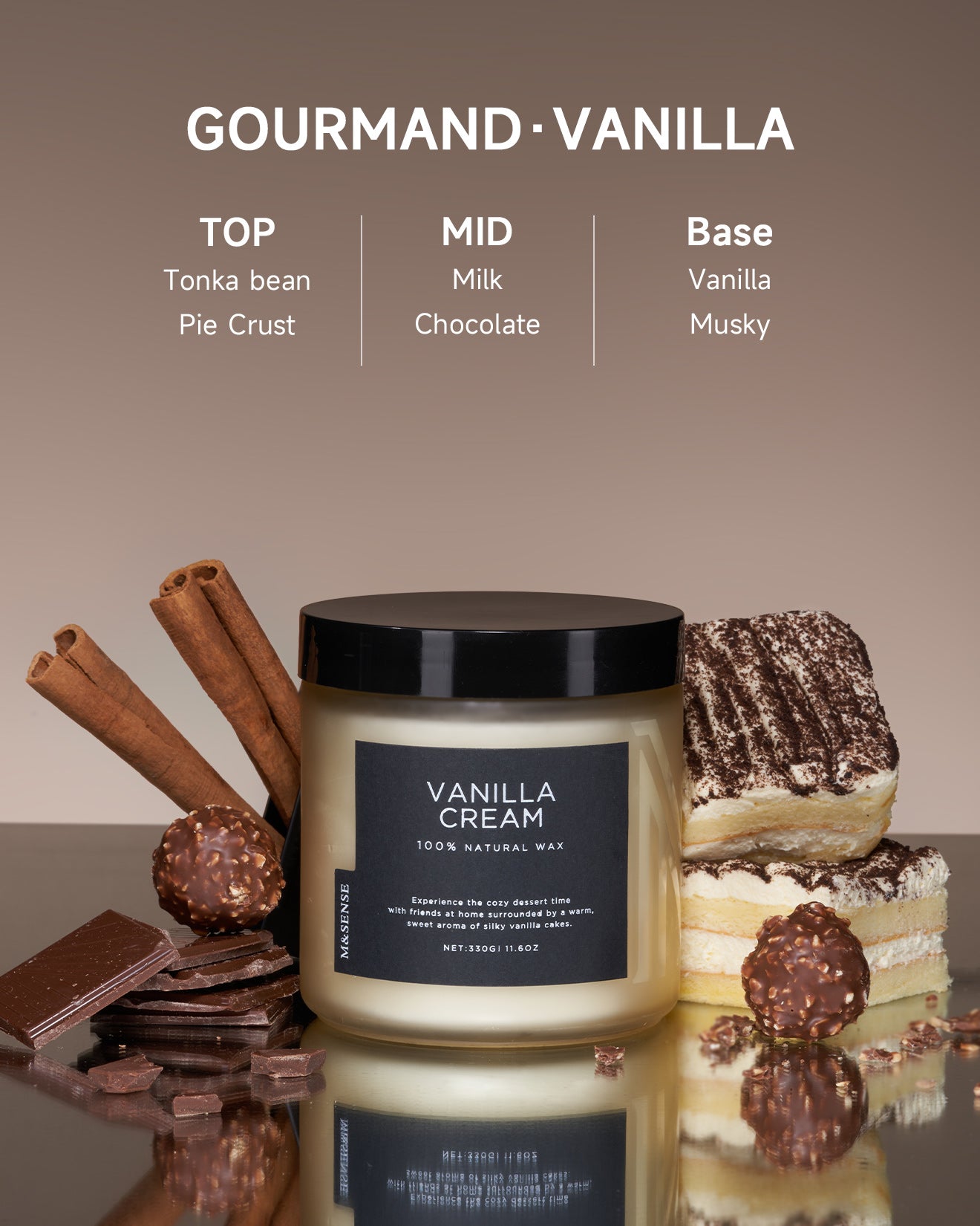 Vanilla Cream scented candle with chocolate, cinnamon sticks, and gourmet desserts, gourmand vanilla fragrance