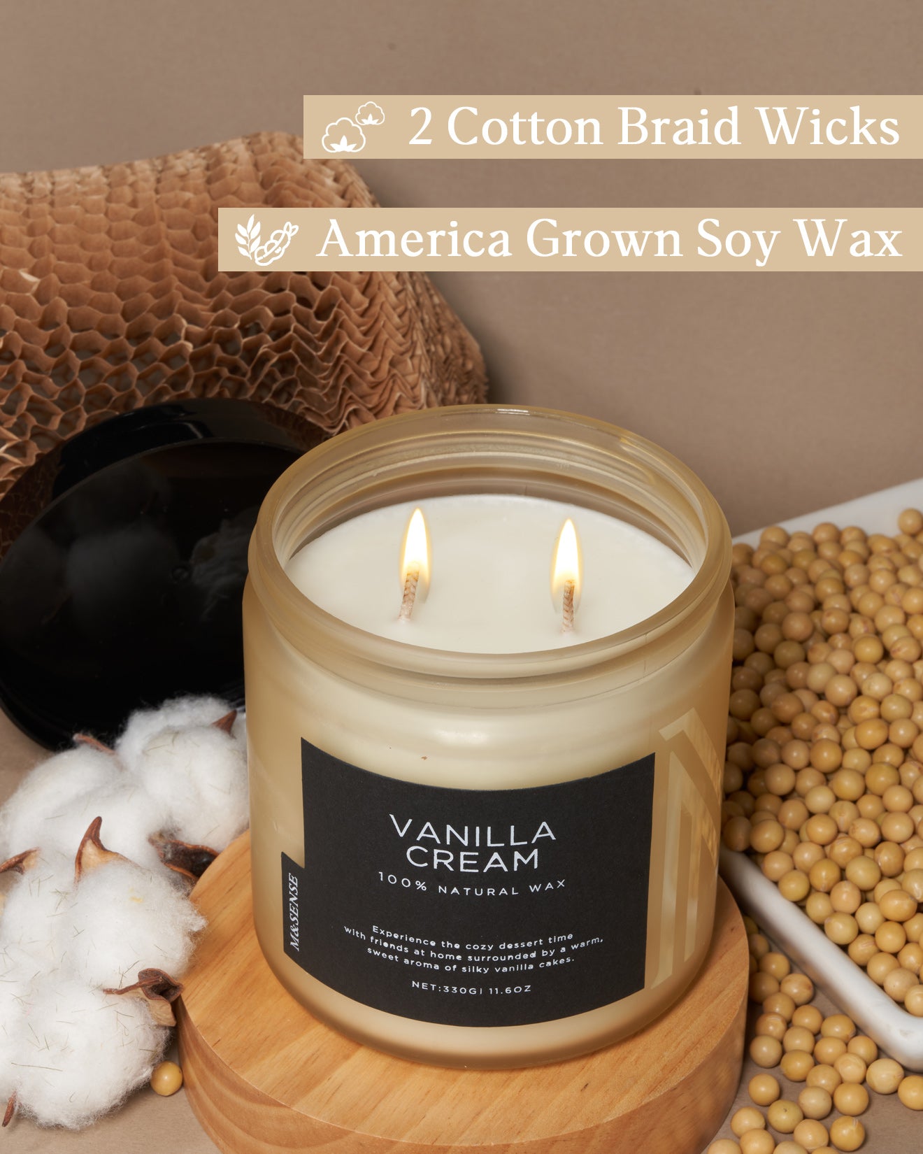 Natural Vanilla Cream soy wax candle with cotton wick, shown with raw materials to highlight its eco-friendly composition.
