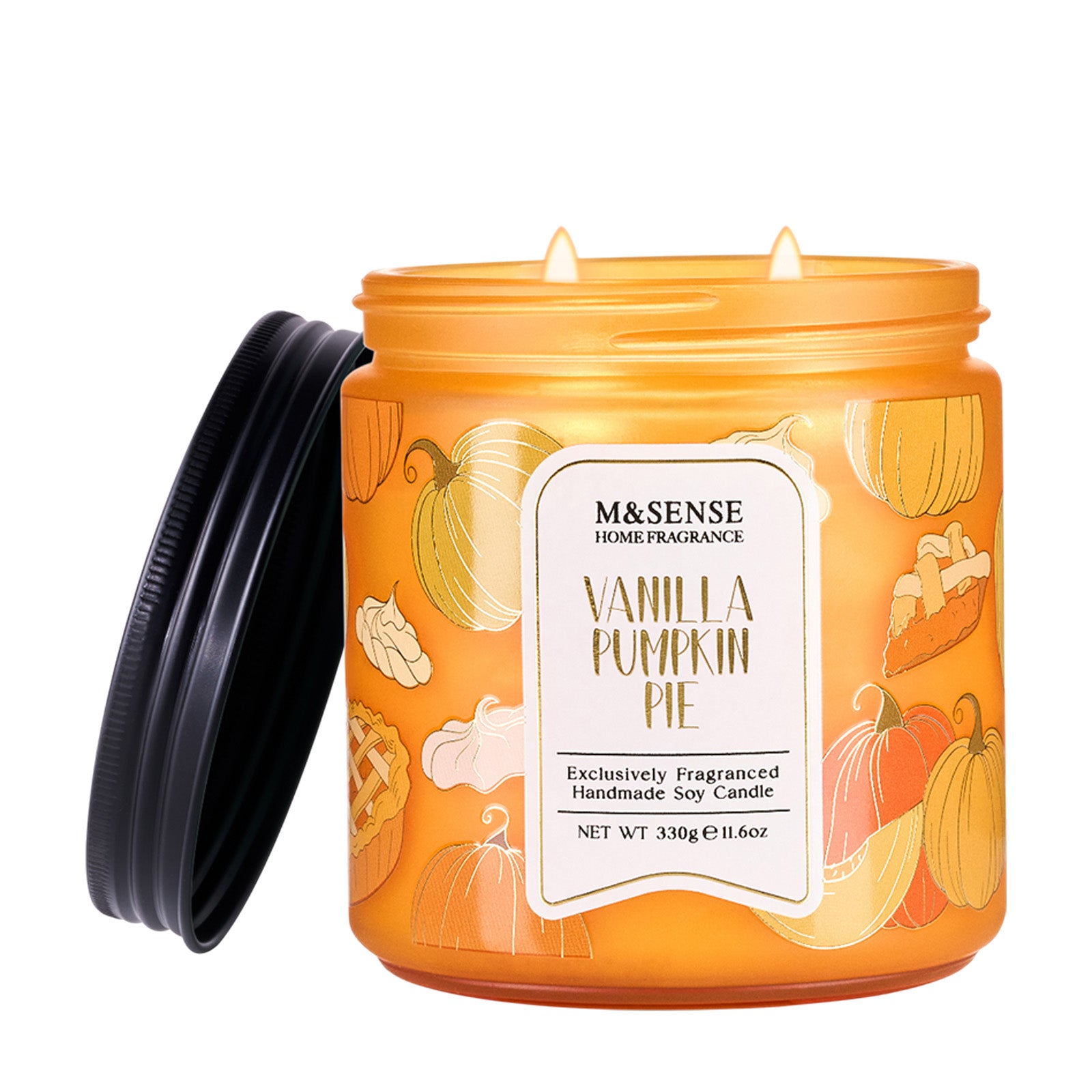 Vanilla Pumpkin Pie candle with packaging and lid on a white background