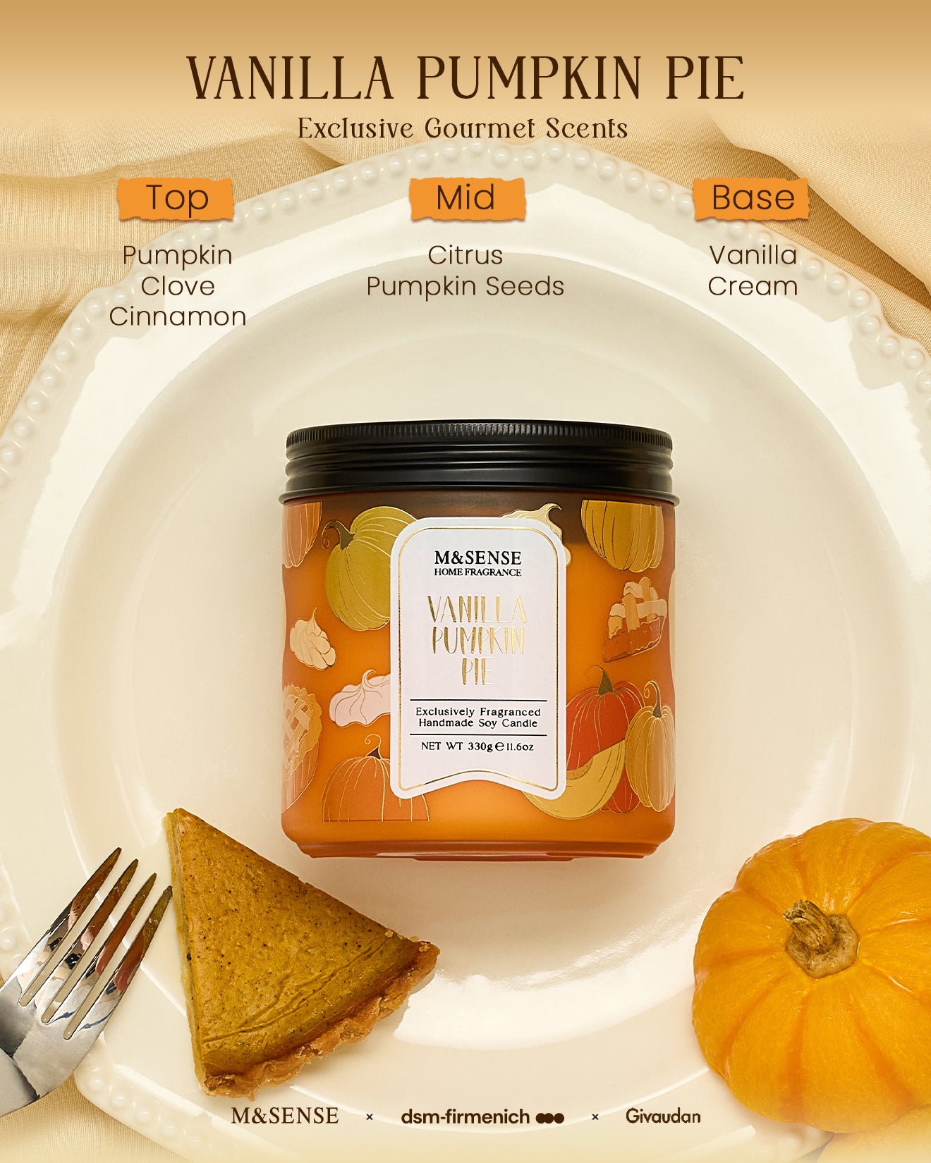 Vanilla pumpkin pie candle with ingredients listed on a plate with a slice of pie and pumpkin.