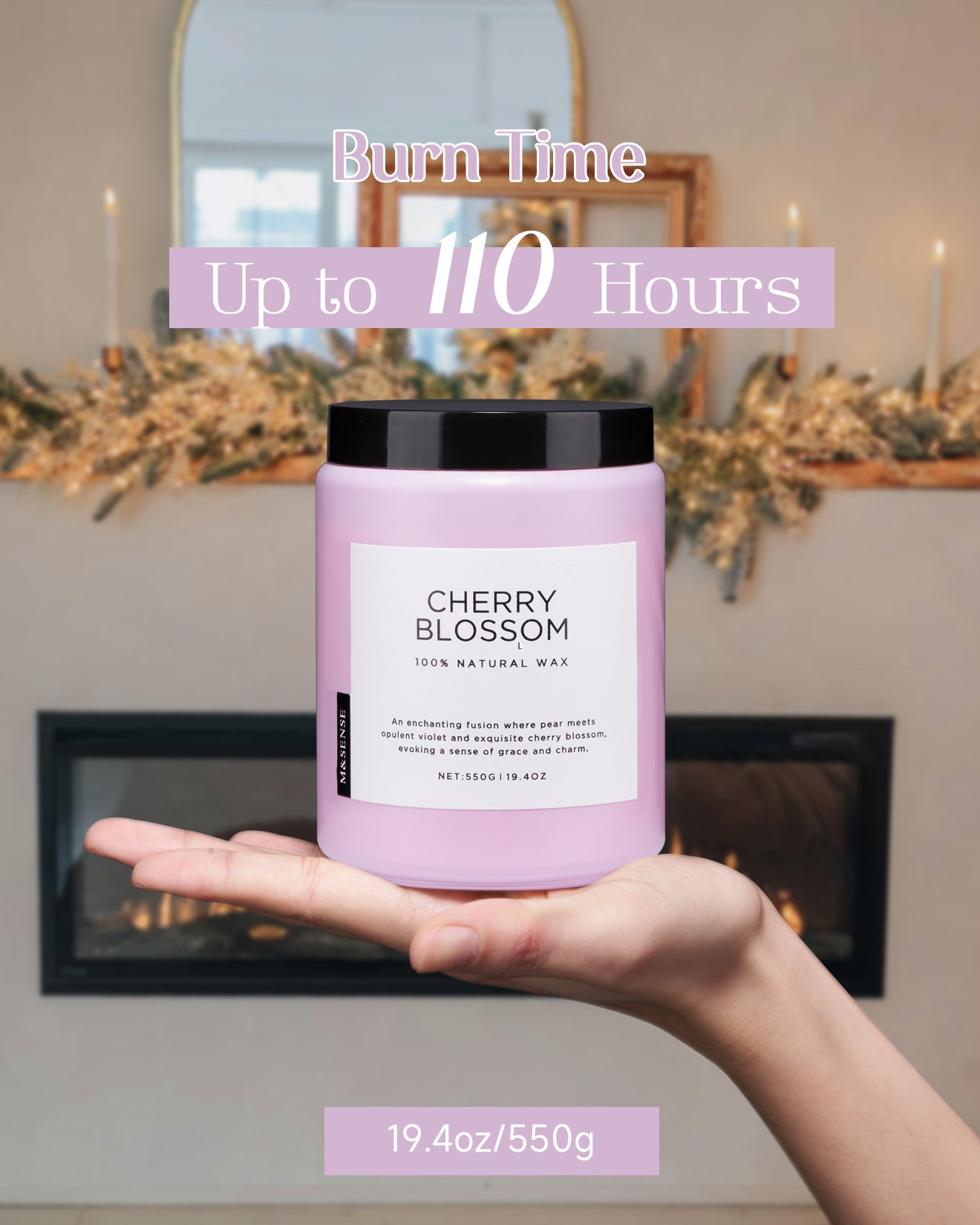 Cherry Blossom scented candle held in a palm, showcasing its 110-hour maximum burn time