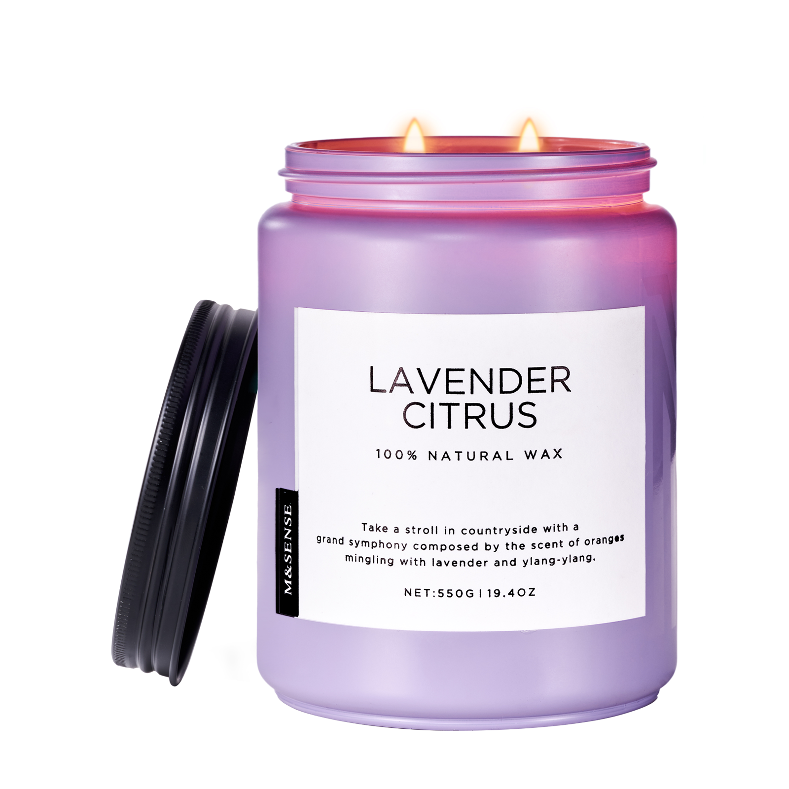Purple candle with a label indicating 'Lavender Citrus' fragrance on a white background
