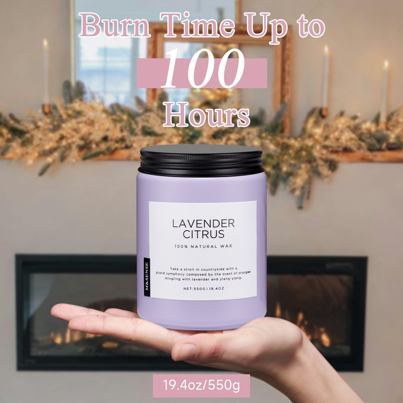 Lavender Citurs scented candle held in a palm, showcasing its 110-hour maximum burn time