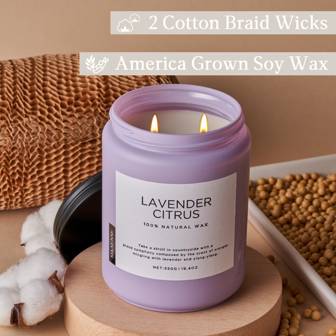 Lavender Citrus candle with soy wax and cotton wick, shown with cotton, soybeans, and recyclable packaging.