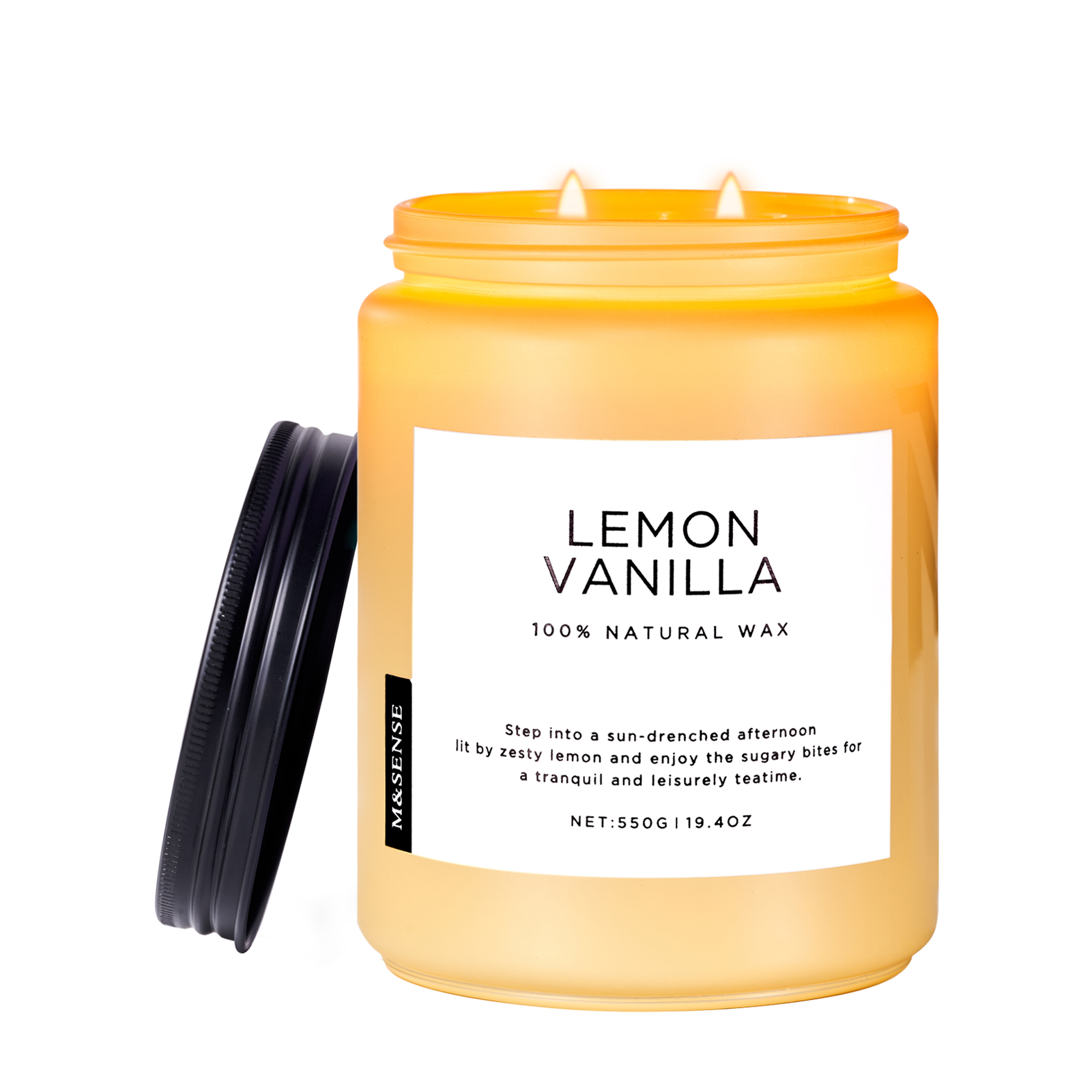 Lemon Vanilla candle with a label on a white background