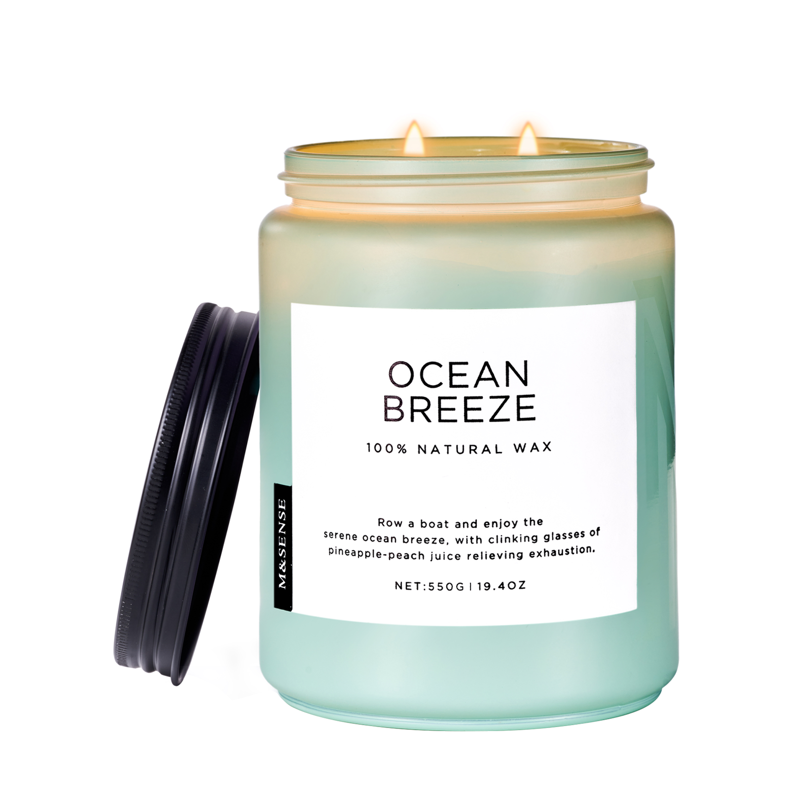 Candle labeled 'Ocean Breeze' with a white label on a light background