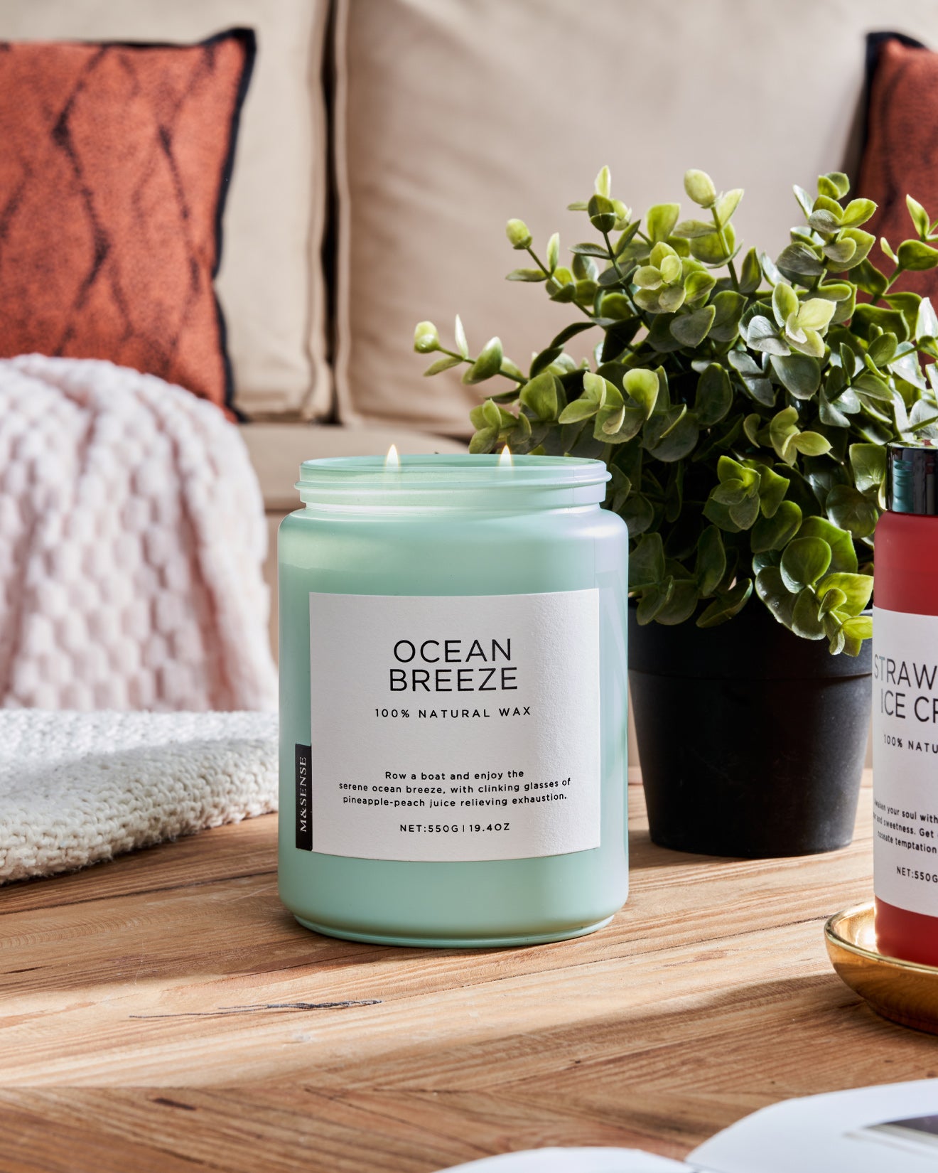 Ocean Breeze Coffee scented candle on a wooden table with a green plant, against a sofa background.