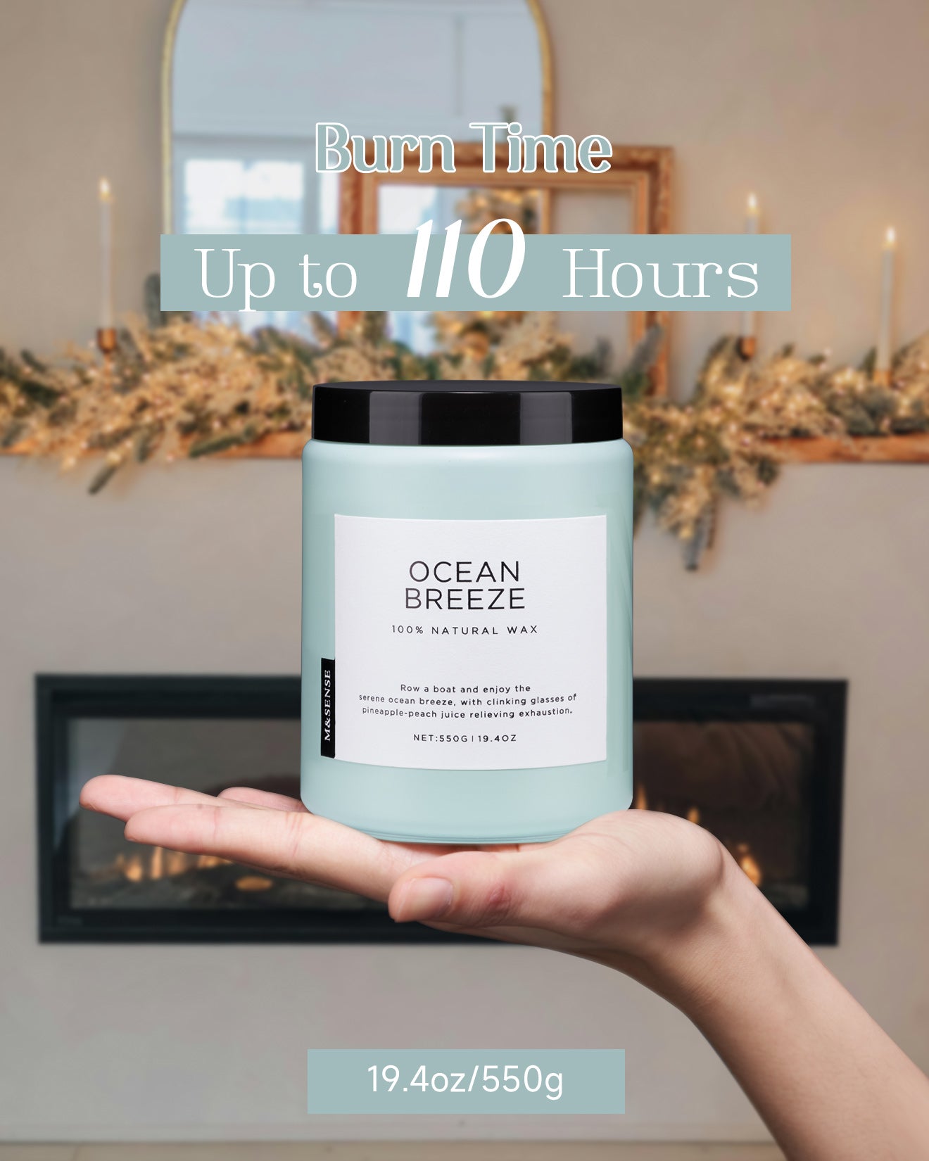 Ocean Breeze scented candle held in a palm, showcasing its 110-hour maximum burn time