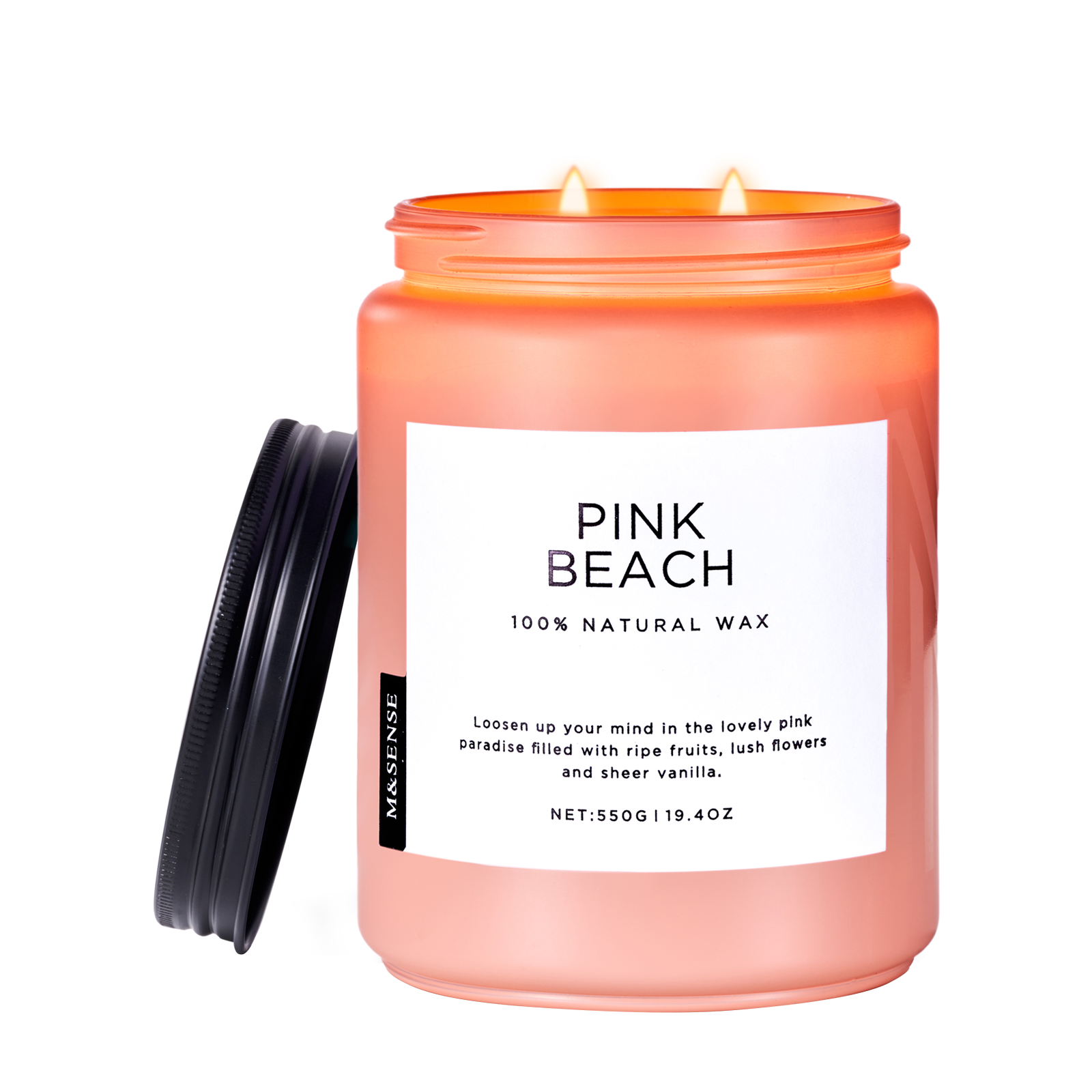 Pink candle labeled 'Pink Beach' with a white label on a white background