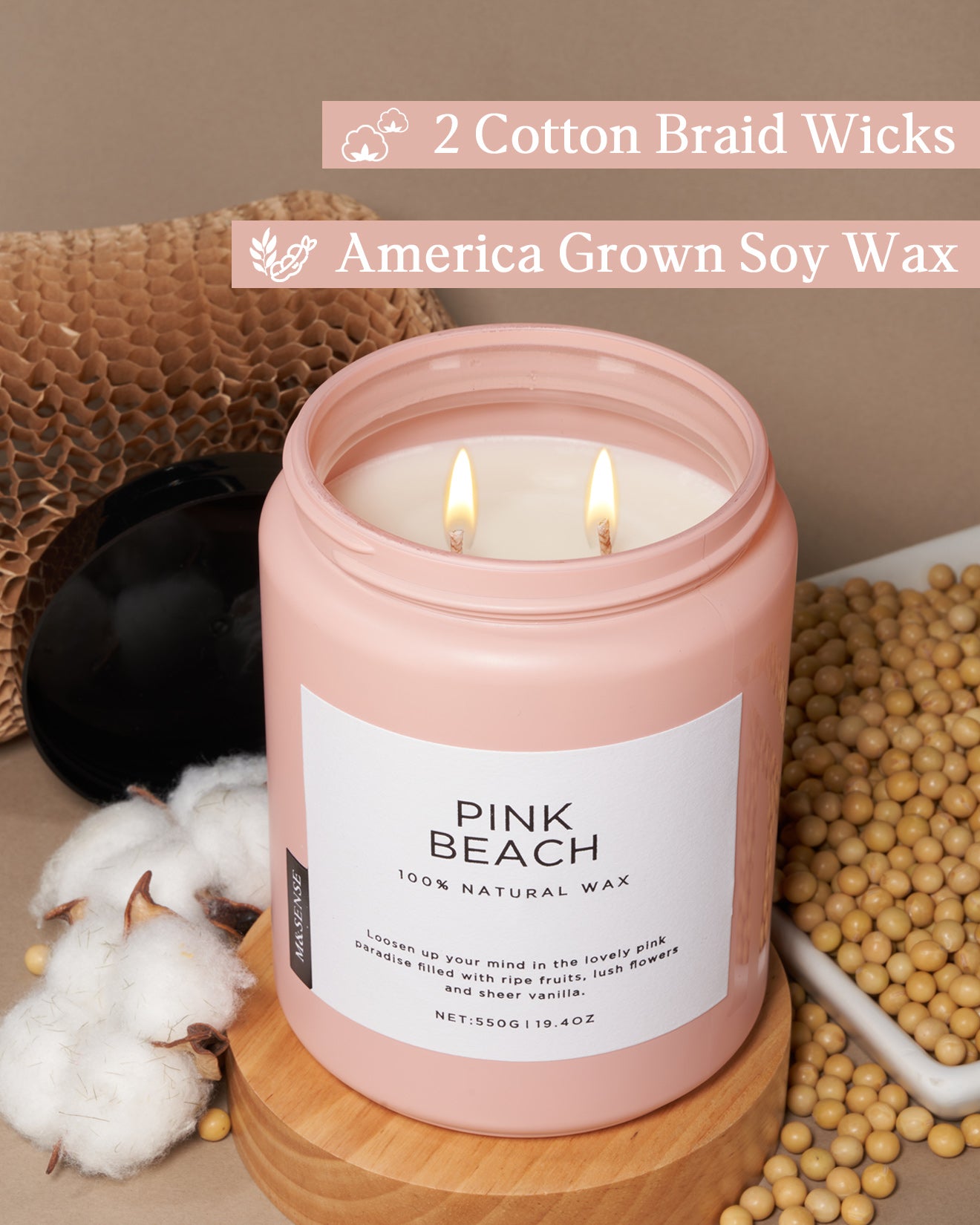 Pink Beach candle with soy wax and cotton wick, shown with cotton, soybeans, and recyclable packaging.