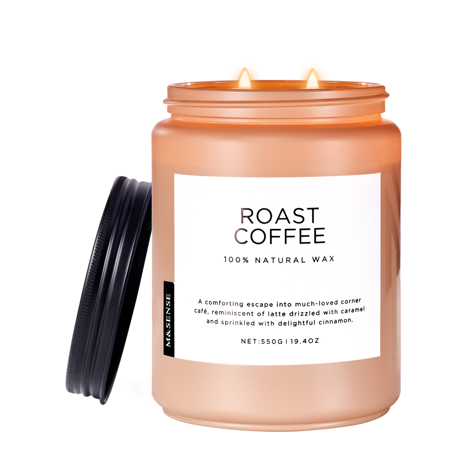 Candle jar labeled 'Roast Coffee' with a white label on a white background
