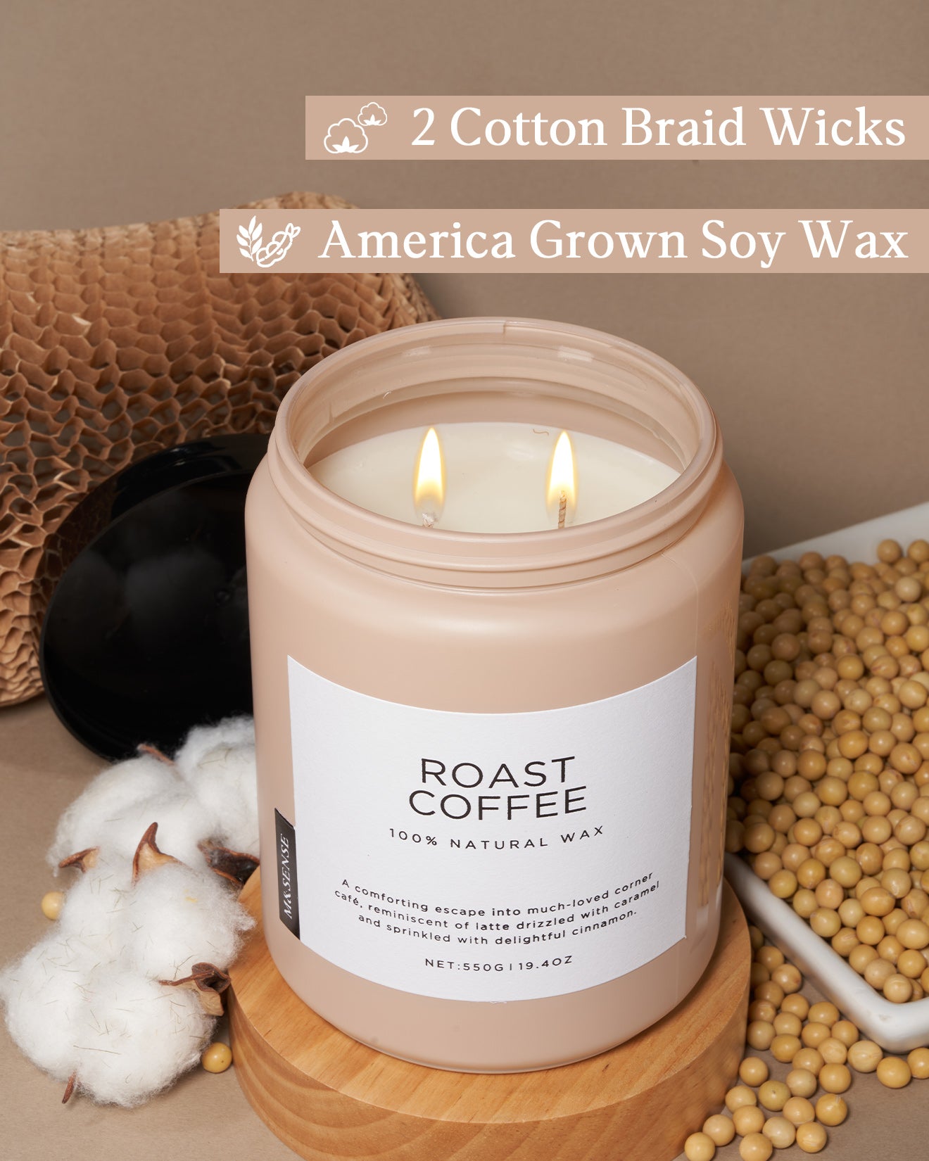 Roast Coffee candle with soy wax and cotton wick, shown with cotton, soybeans, and recyclable packaging.