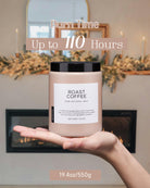 Roast Coffee scented candle held in a palm, showcasing its 110-hour maximum burn time