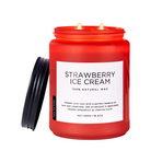 Red candle labeled 'Strawberry Ice Cream' with a white label on a white background