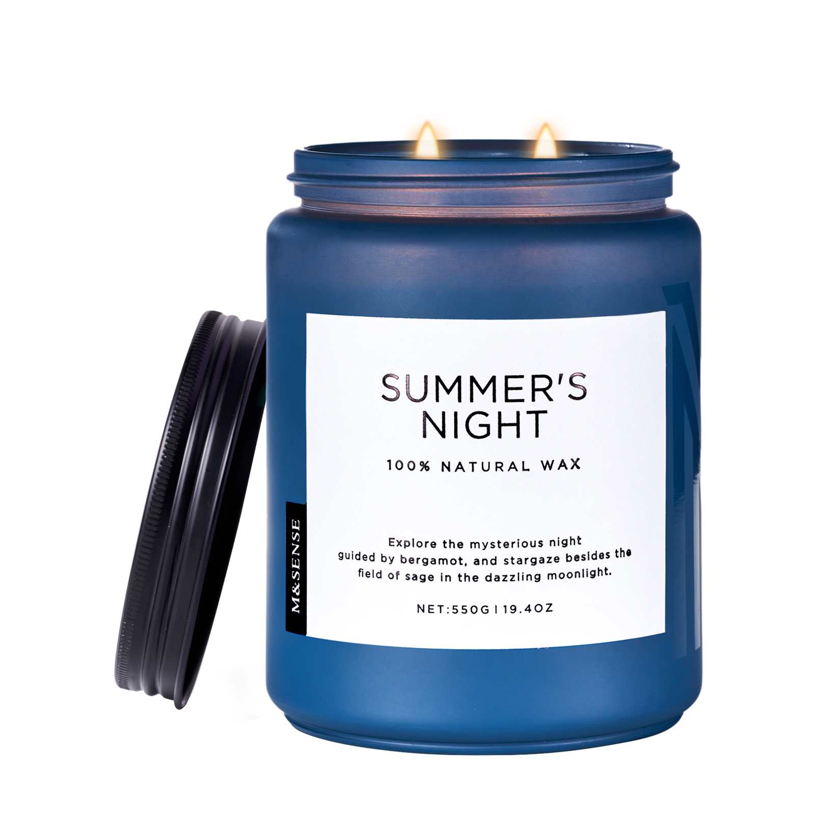 Blue candle with 'Summer's Night' label on a white background