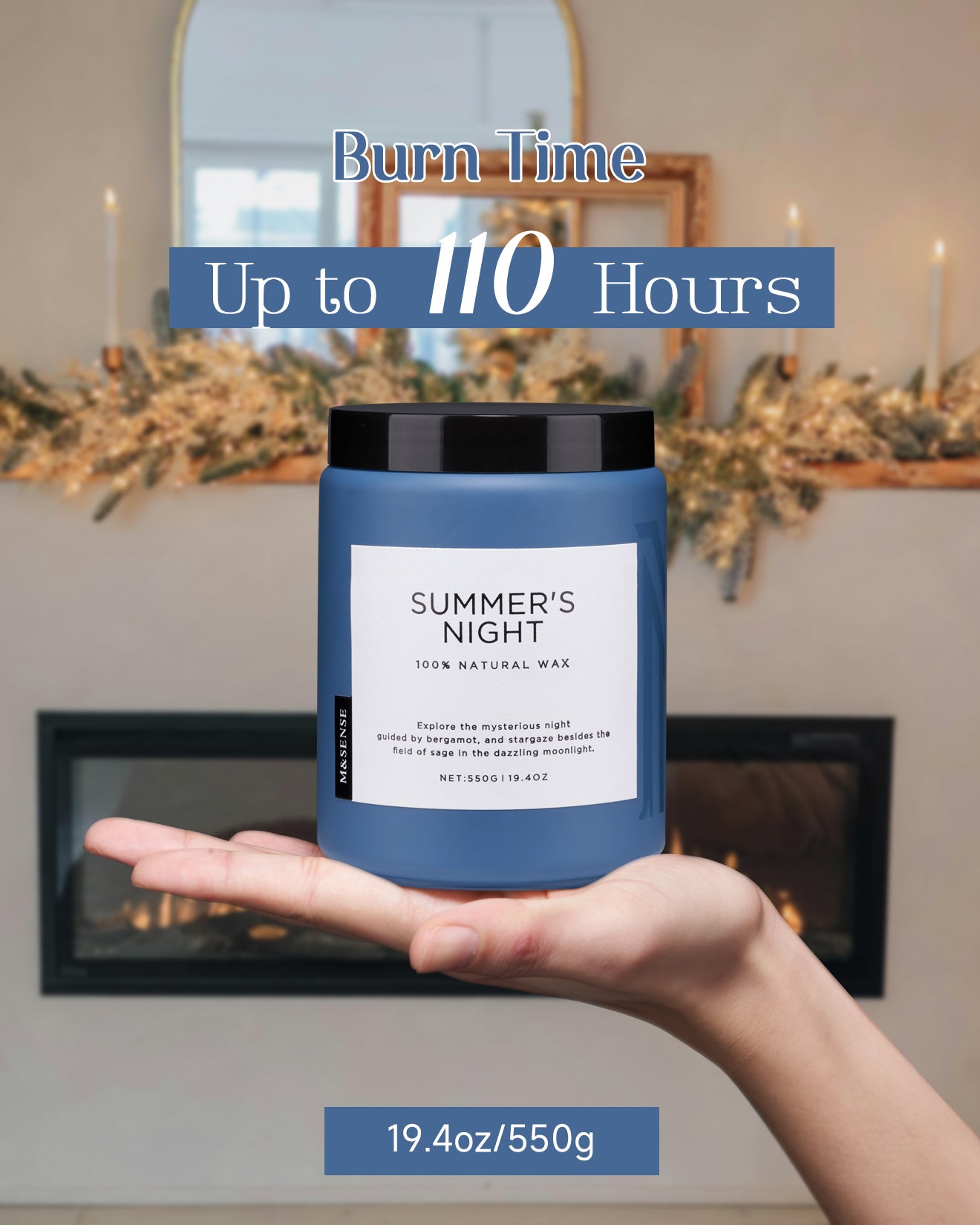Summer's Night scented candle held in a palm, showcasing its 110-hour maximum burn time.