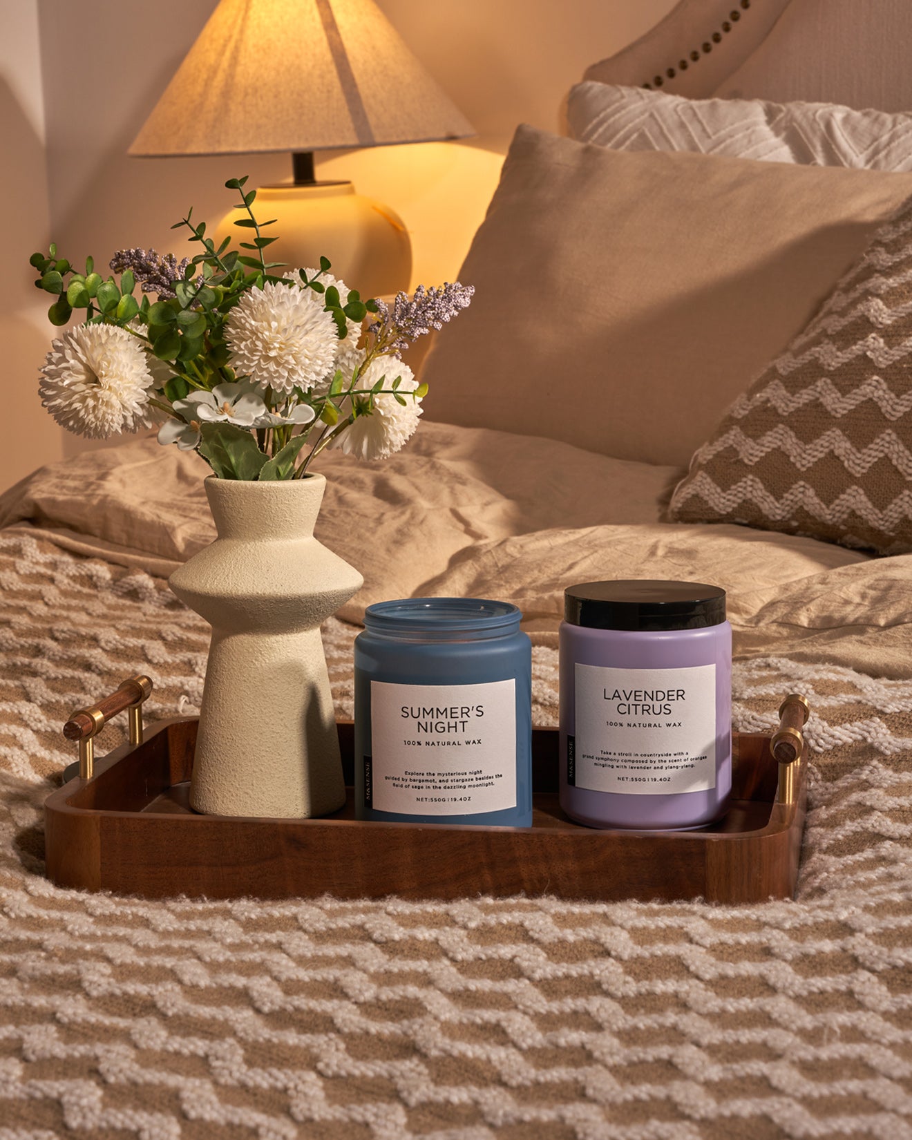 Bedroom decor with Summer's Night and Lavender Citrus scented candles on wooden tray beside vase