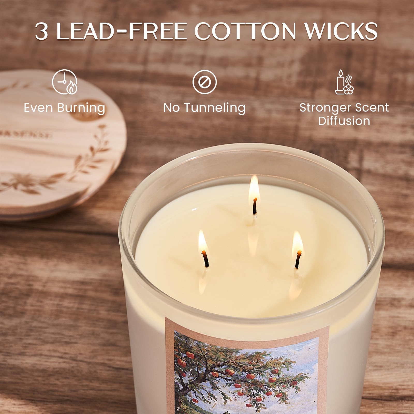 Candle with three lead-free cotton wicks on a wooden surface