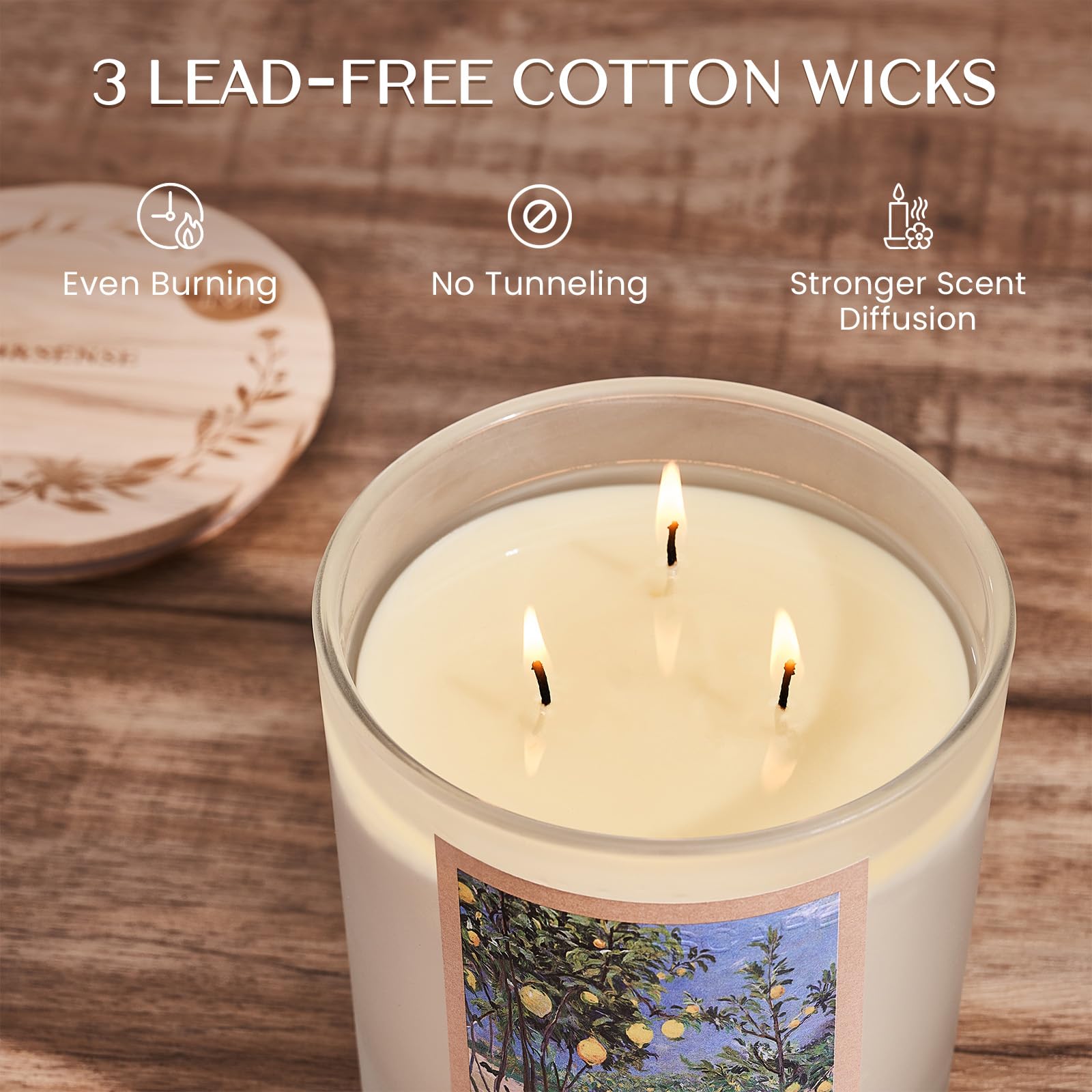 Candle with three lead-free cotton wicks on a wooden surface