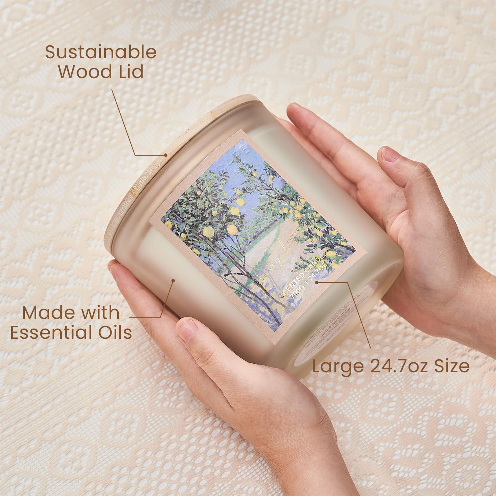 Hands holding a container with text highlighting features like 'Sustainable Wood Lid', 'Made with Essential Oils', and 'Large 24.7oz Size'.
