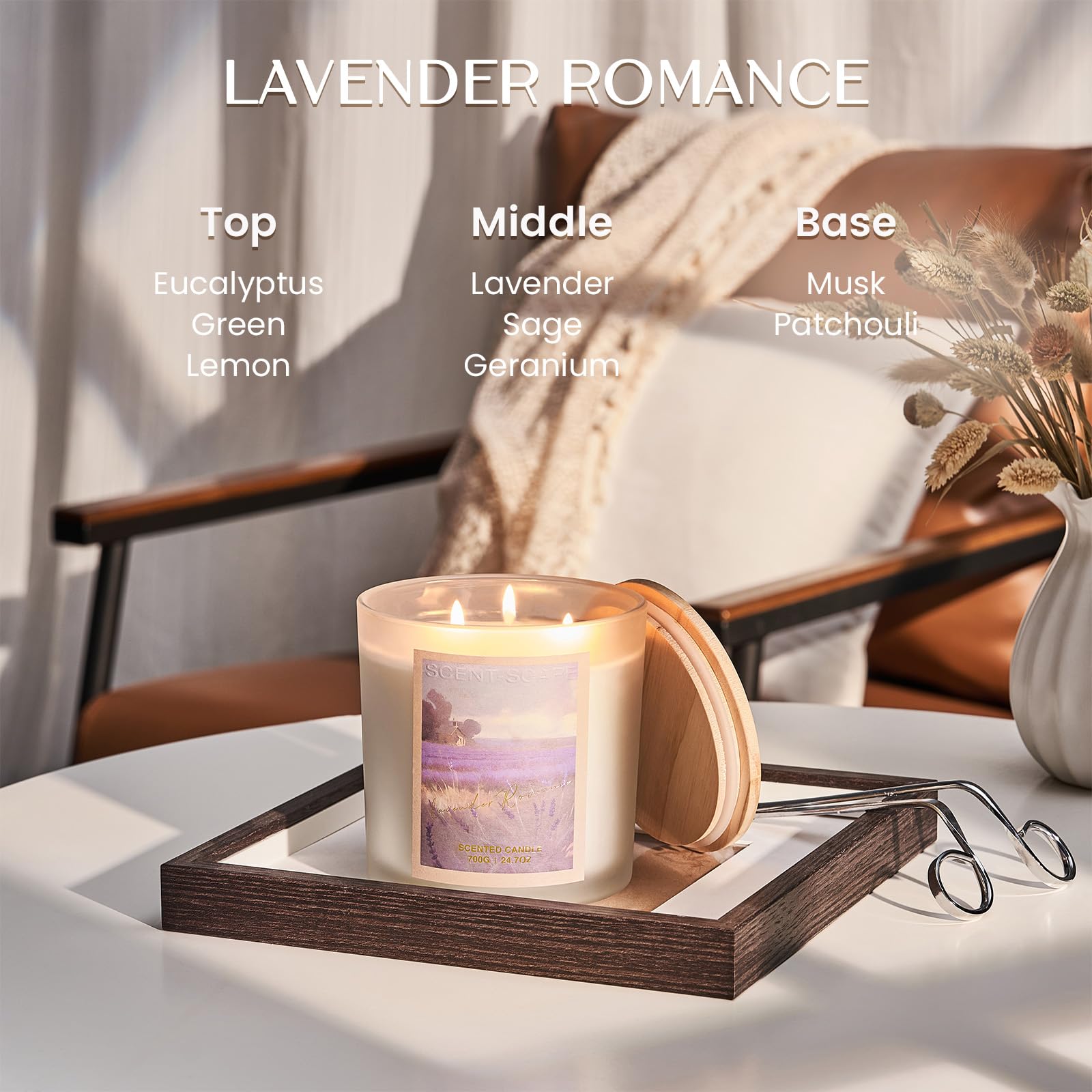 Lavender candle on a wooden tray with a blurred background
