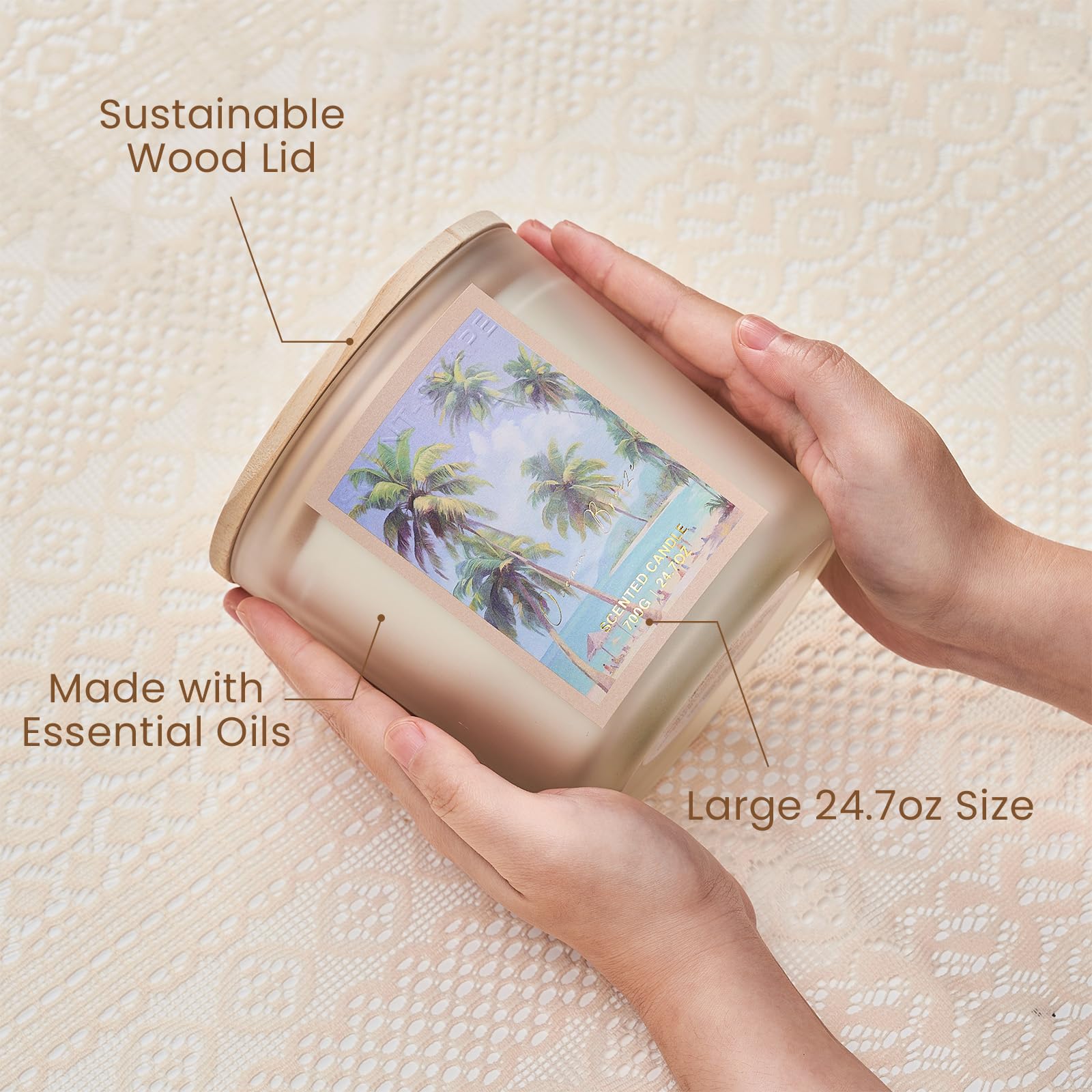 Hand holding a large 24.7oz candle with text highlighting features like sustainable wood lid, essential oils, and size.