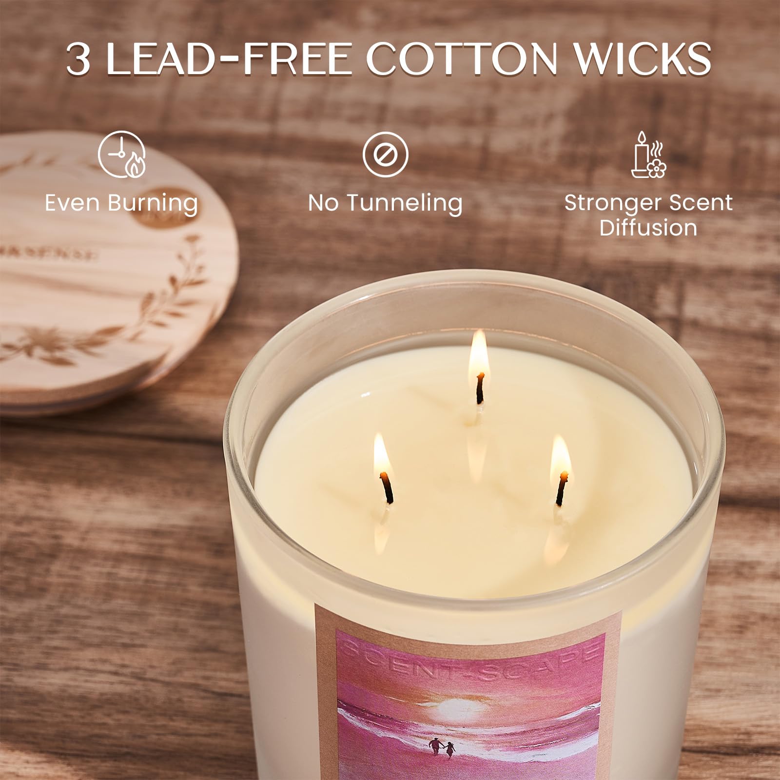 Candle with three lead-free cotton wicks on a wooden surface