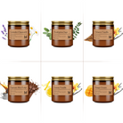 Six brown candles with gold lids on a white background, each labeled with a different scent.