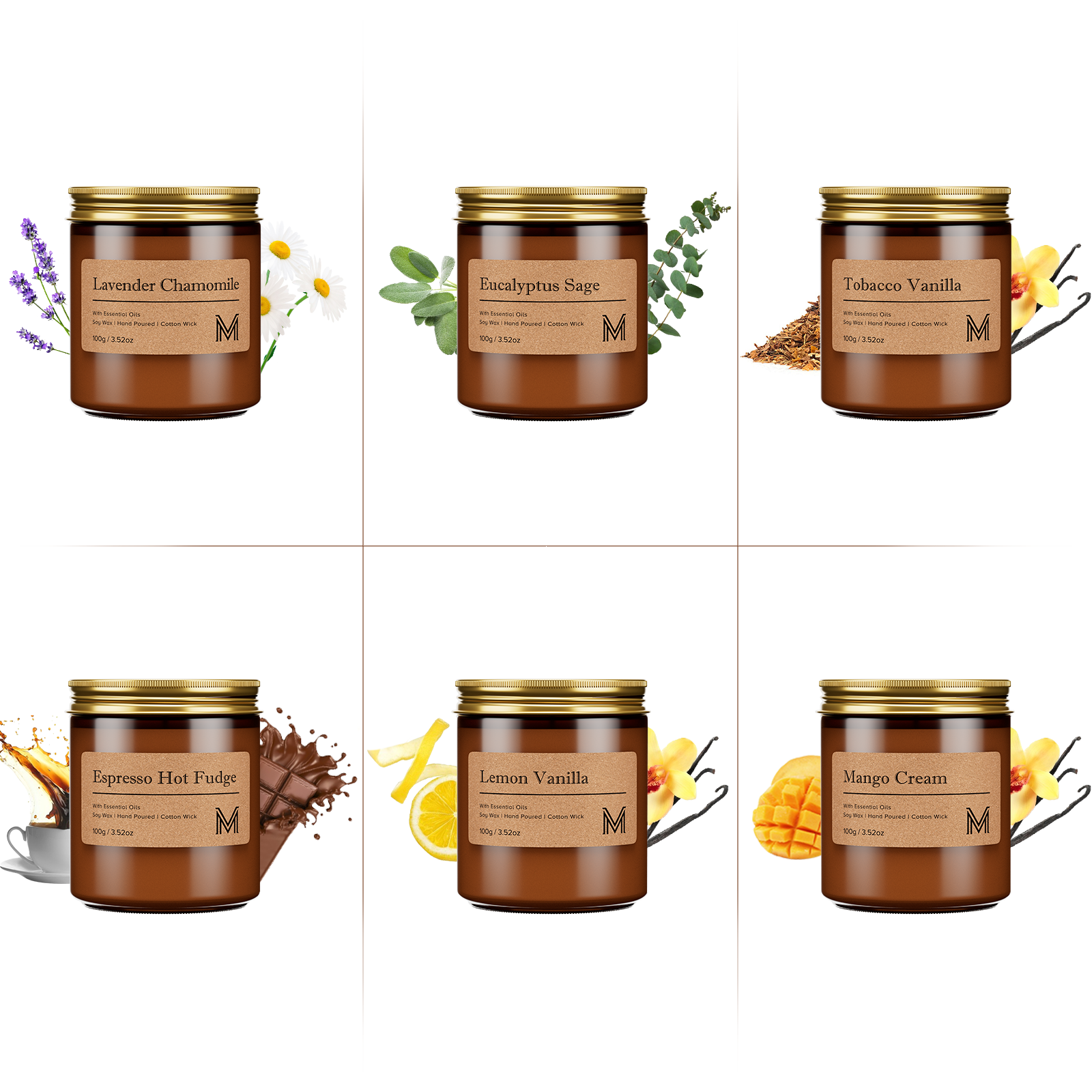 Six brown candles with gold lids on a white background, each labeled with a different scent.