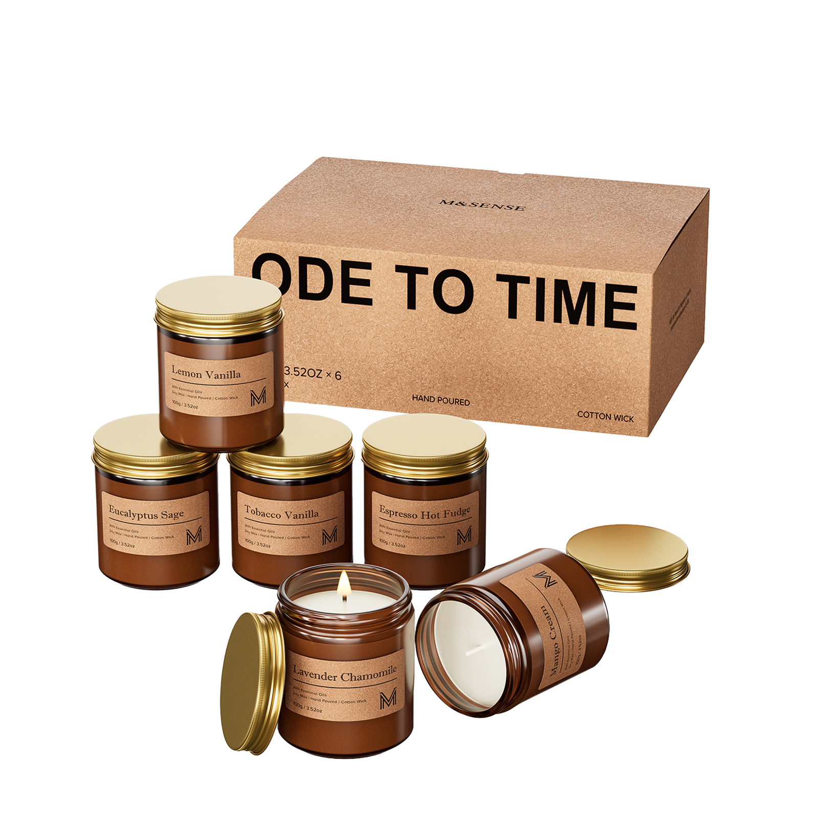 Set of candles with gold lids and a 'ODE TO TIME' branded box on a white background