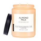 Candle jar labeled 'Almond Milk' with a black lid on a white background