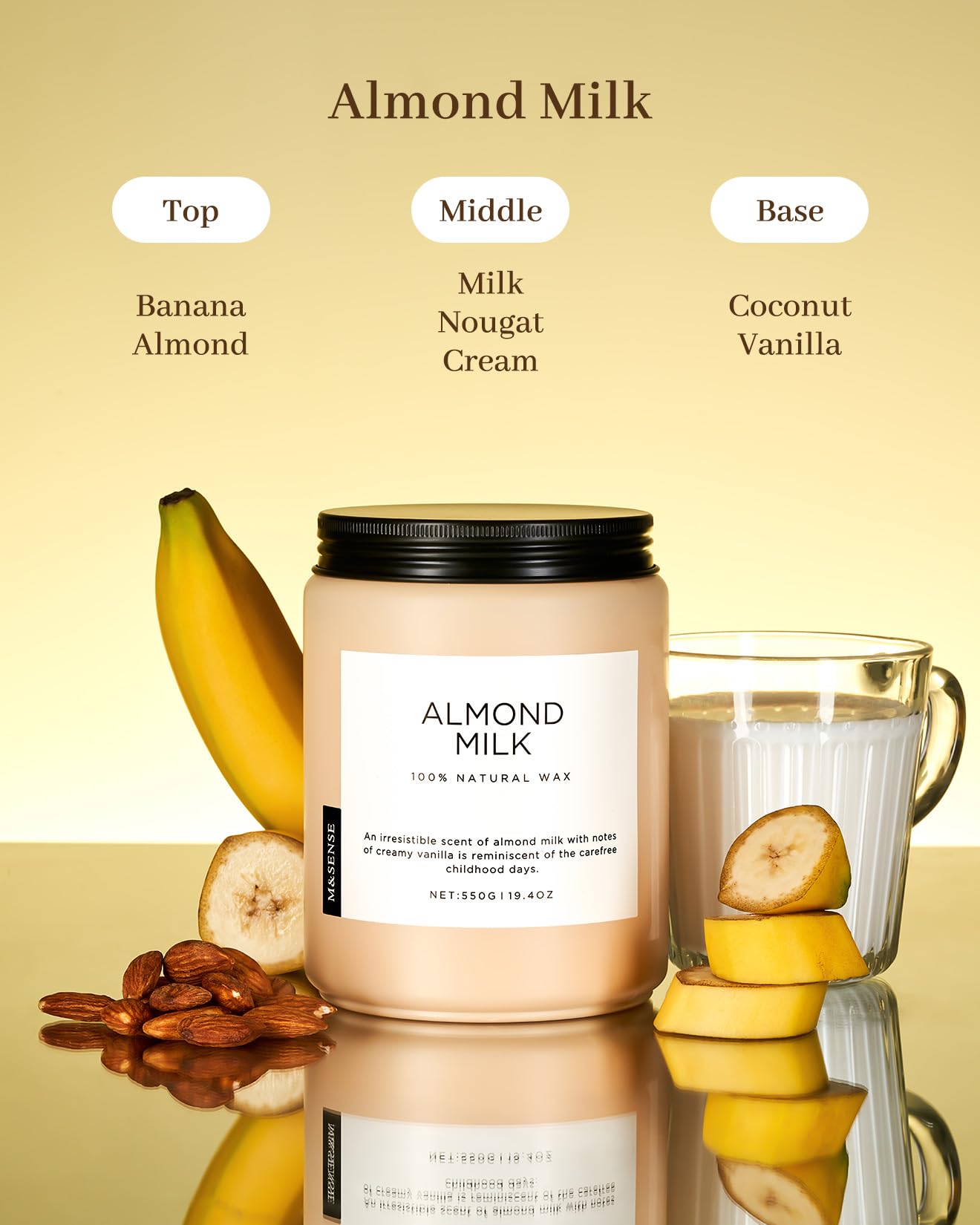 Almond milk candle with banana, almond, and glass elements on a beige background