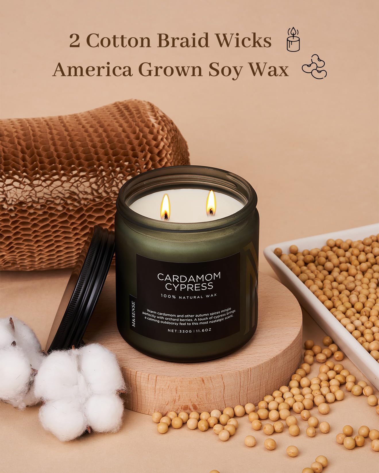 Candle with cotton braid wicks and soy wax, surrounded by cotton and soybeans on a beige background.