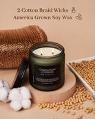 Candle with cotton braid wicks and soy wax, surrounded by cotton and soybeans on a beige background.