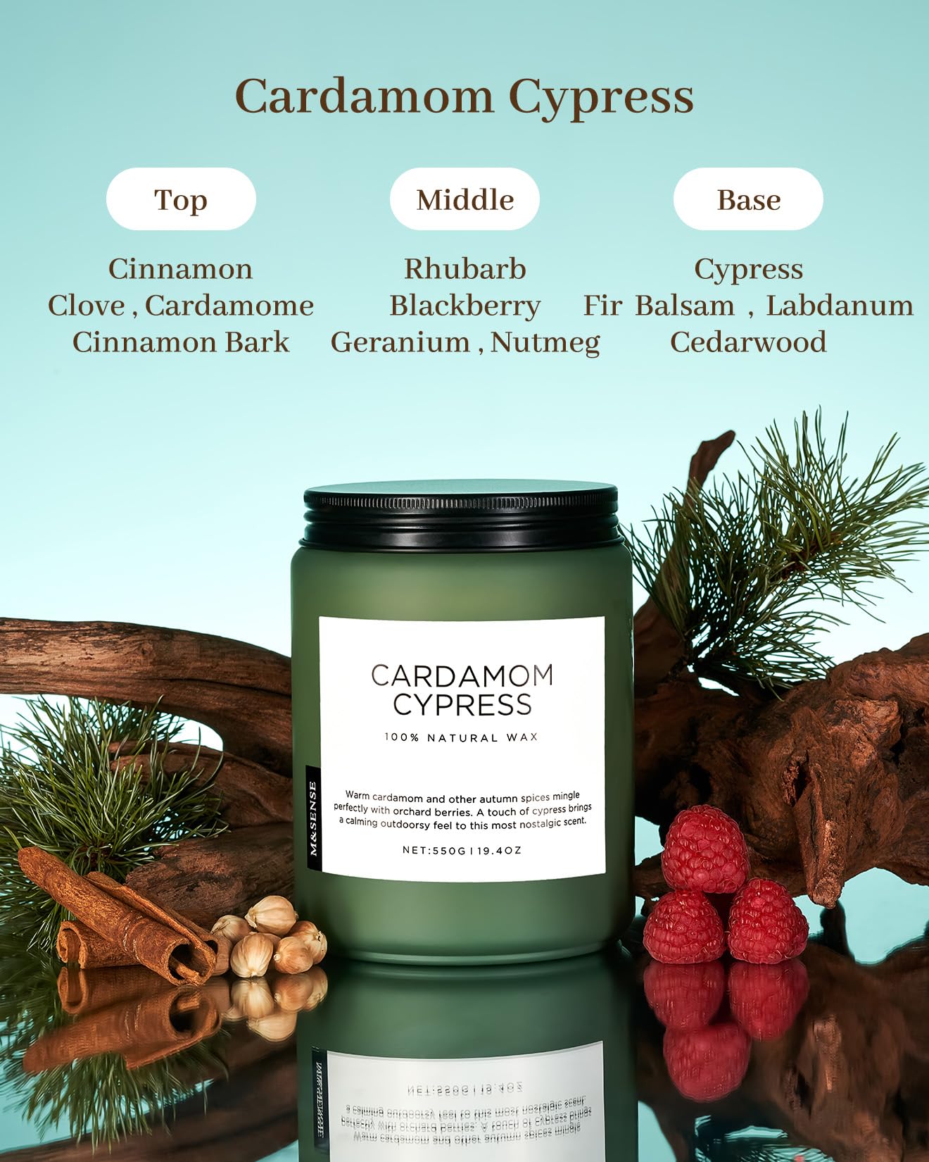 Cardamom Cypress candle with fragrance notes on a reflective surface