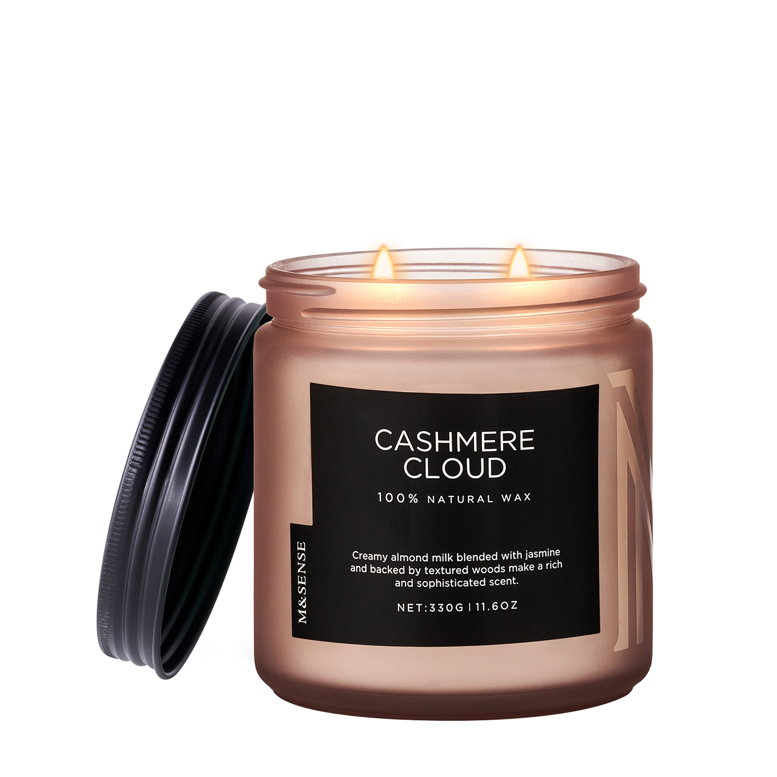 Candle jar labeled 'Cashmere Cloud' with a black lid on a white background