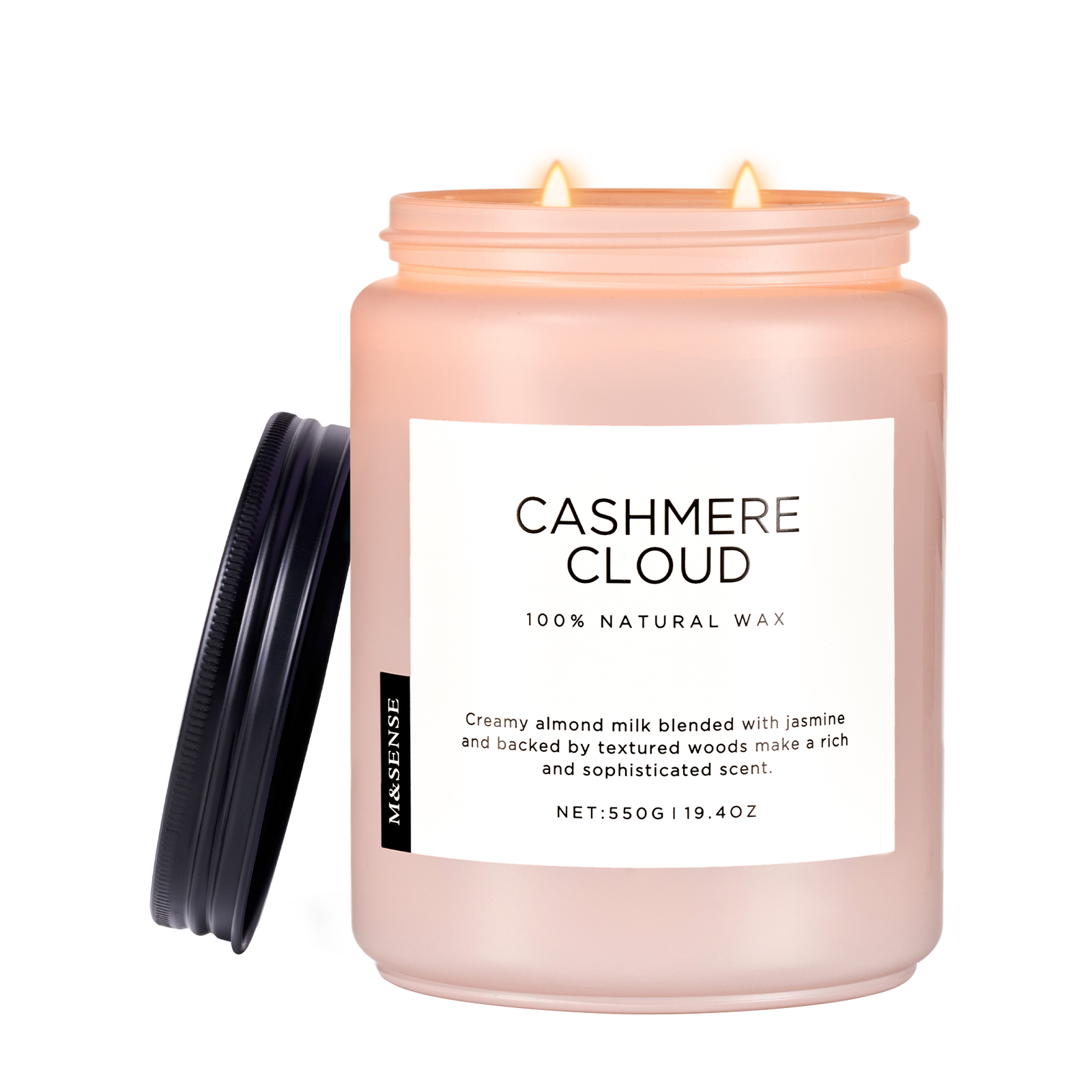 Candle labeled 'Cashmere Cloud' with a white label on a white background
