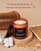 Candle with cotton braid wicks and 'Cinnamon Pumpkin' label on a beige background