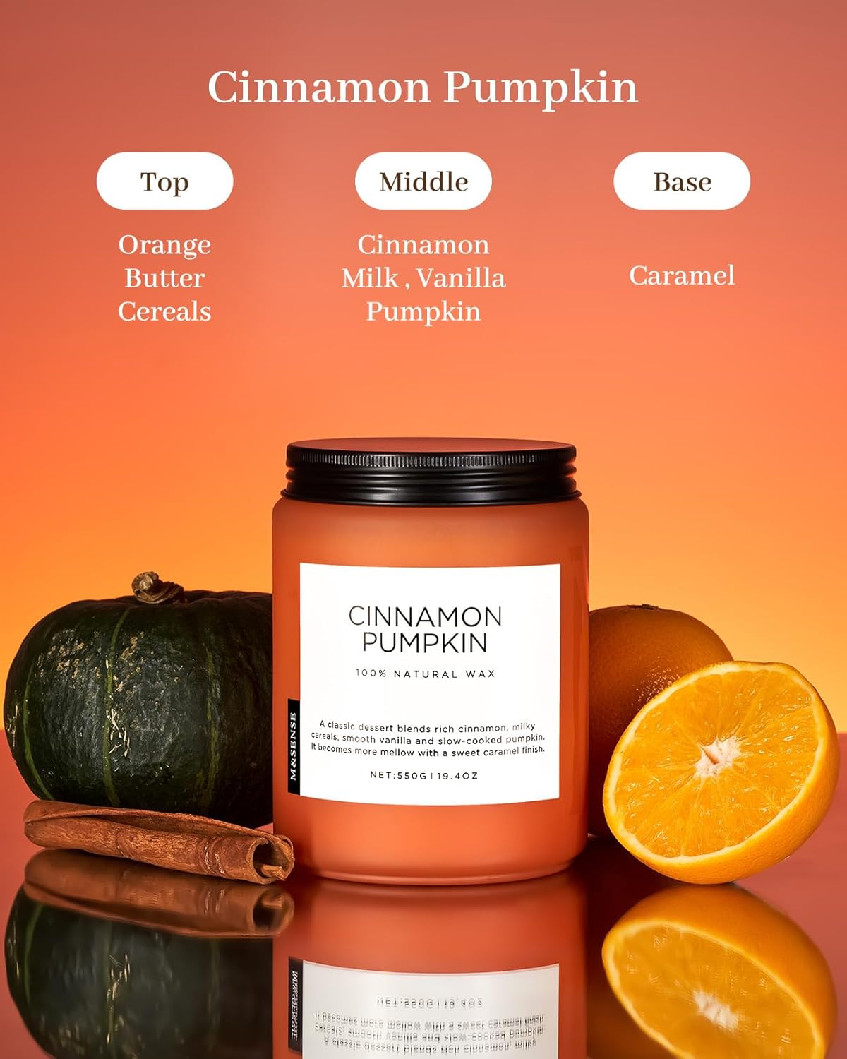 Cinnamon Pumpkin candle with ingredients listed on an orange gradient background