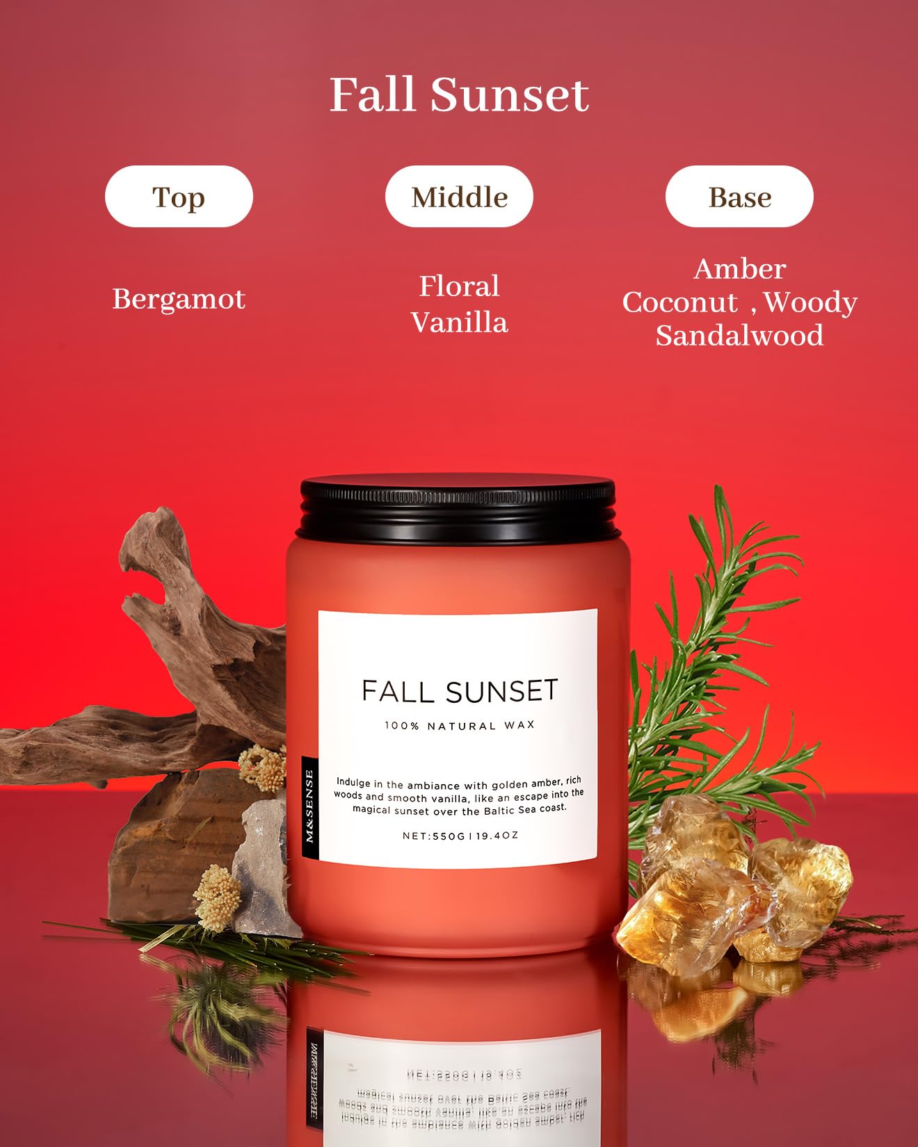 Candle labeled 'Fall Sunset' with ingredients listed on a red background