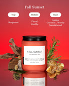Candle labeled 'Fall Sunset' with ingredients listed on a red background