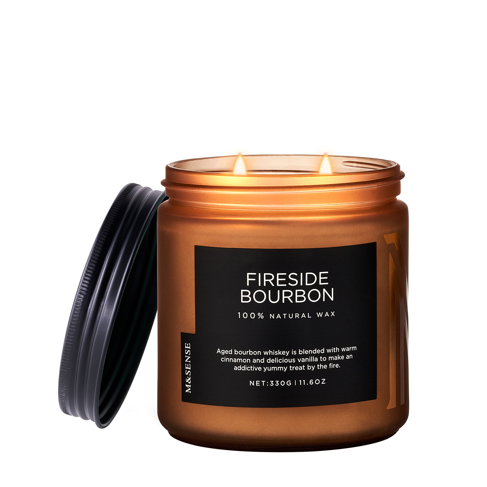 Candle jar labeled 'Fireside Bourbon' with a black label on a white background